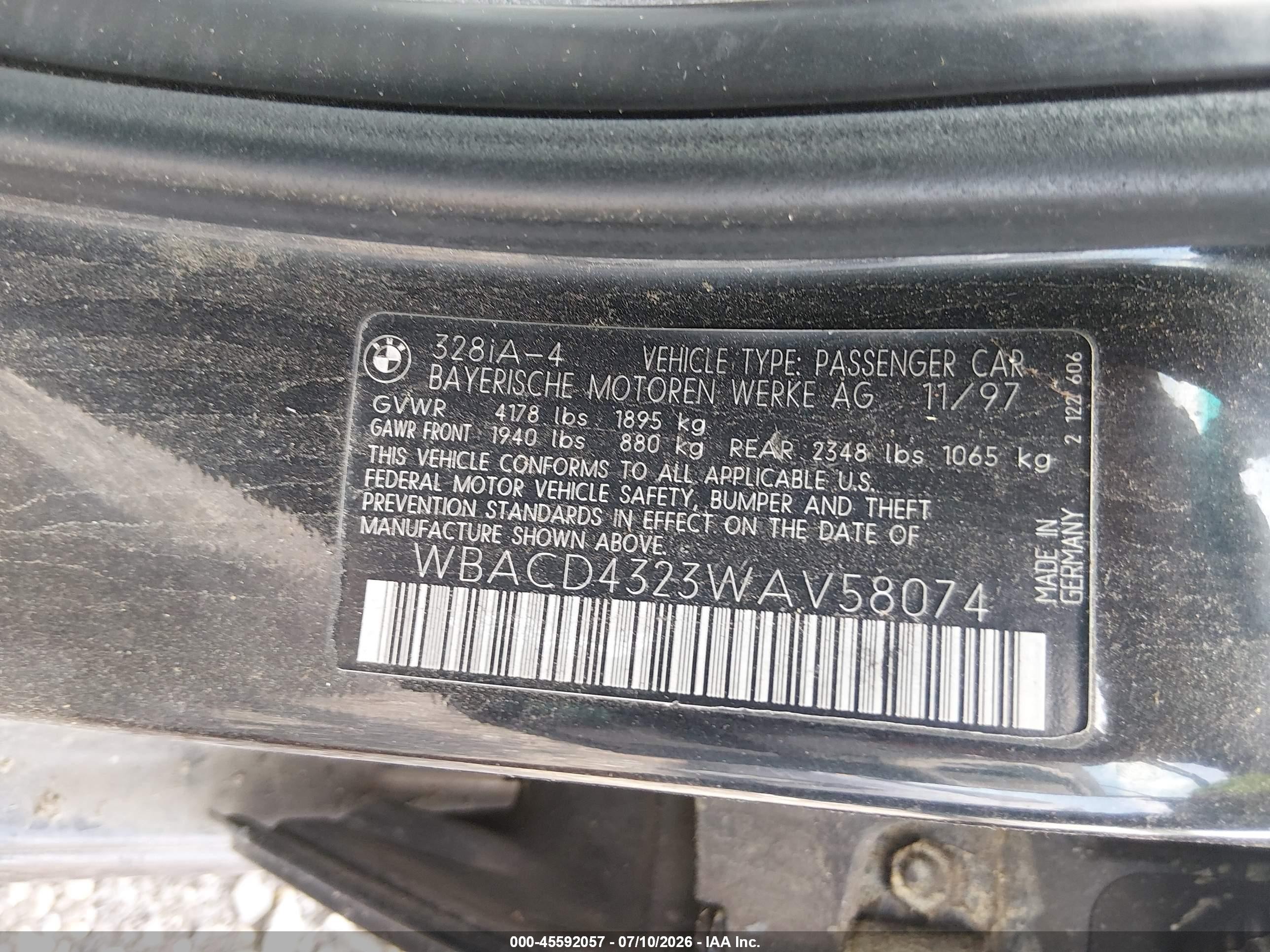 1998 Bmw 328i   Black vin: WBACD4323WAV58074