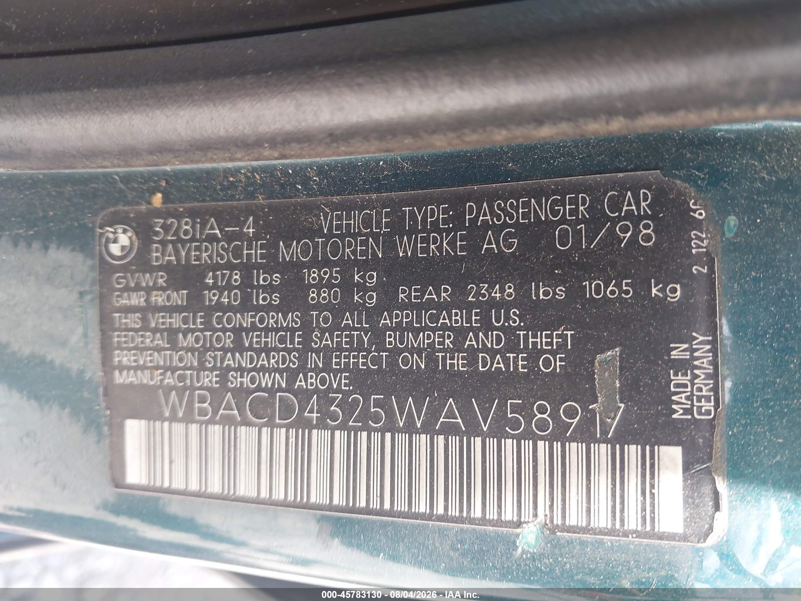 1998 Bmw 328i   Green vin: WBACD4325WAV58917