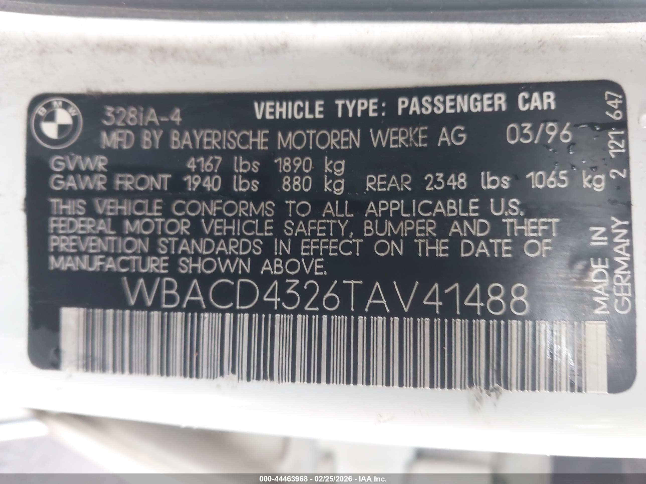 1996 Bmw 328 I Automatic White vin: WBACD4326TAV41488