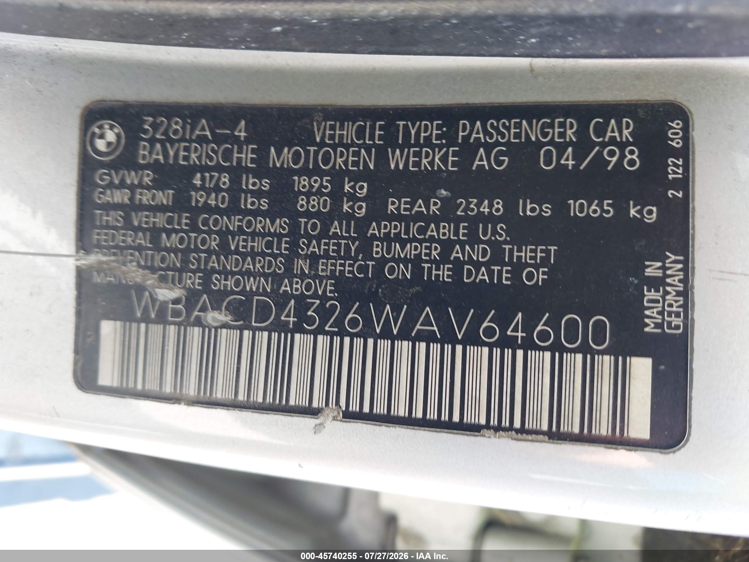 1998 Bmw 328i   Silver vin: WBACD4326WAV64600