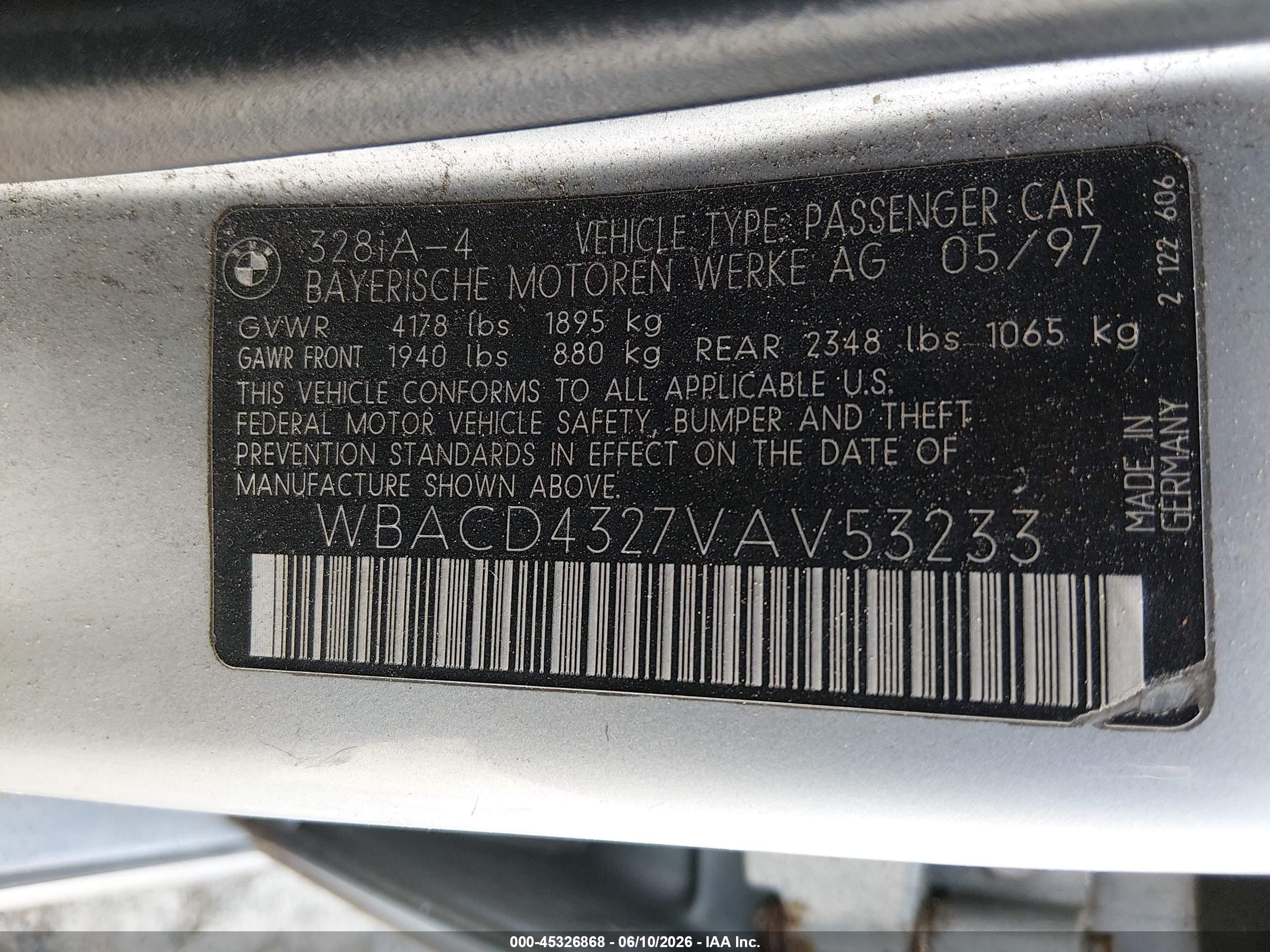 1997 Bmw 328i   Silver vin: WBACD4327VAV53233