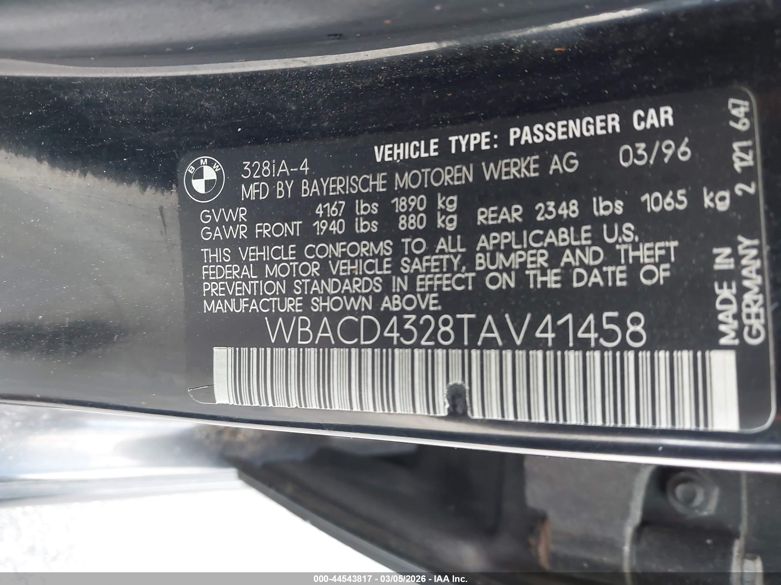 1996 Bmw 328 I Automatic Black vin: WBACD4328TAV41458