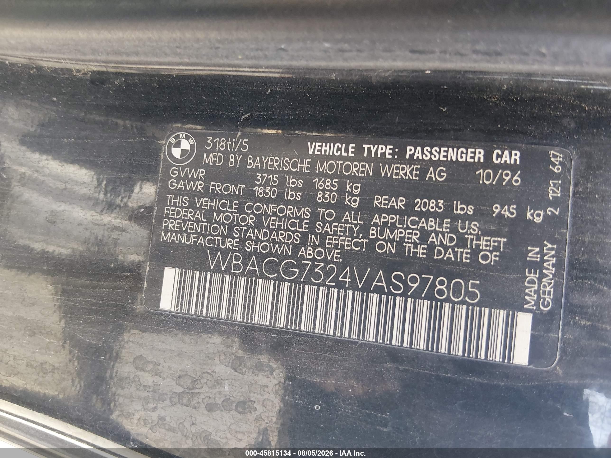 1997 Bmw 318ti Black vin: WBACG7324VAS97805