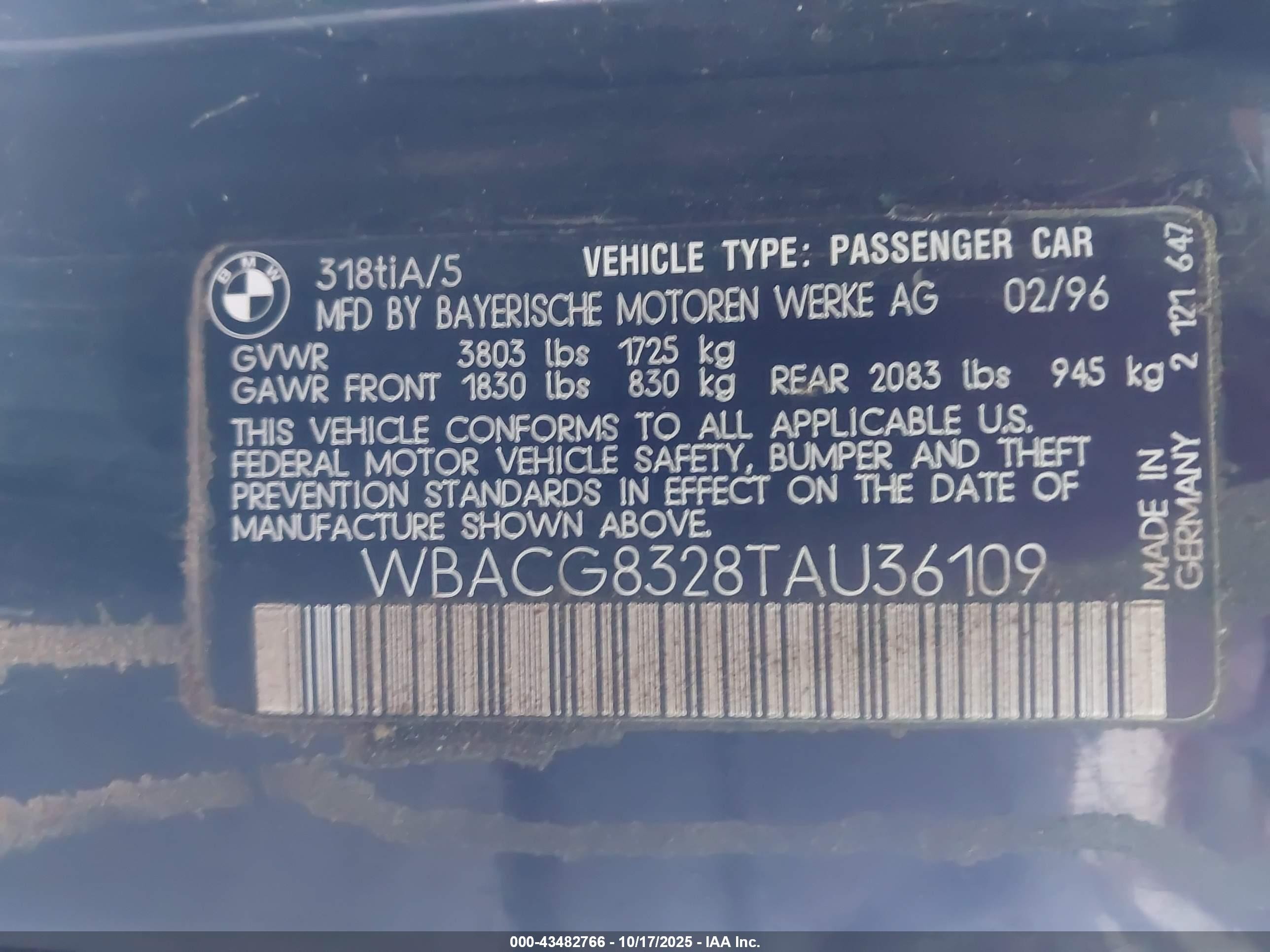 1996 Bmw 318 Ti Automatic Black vin: WBACG8328TAU36109