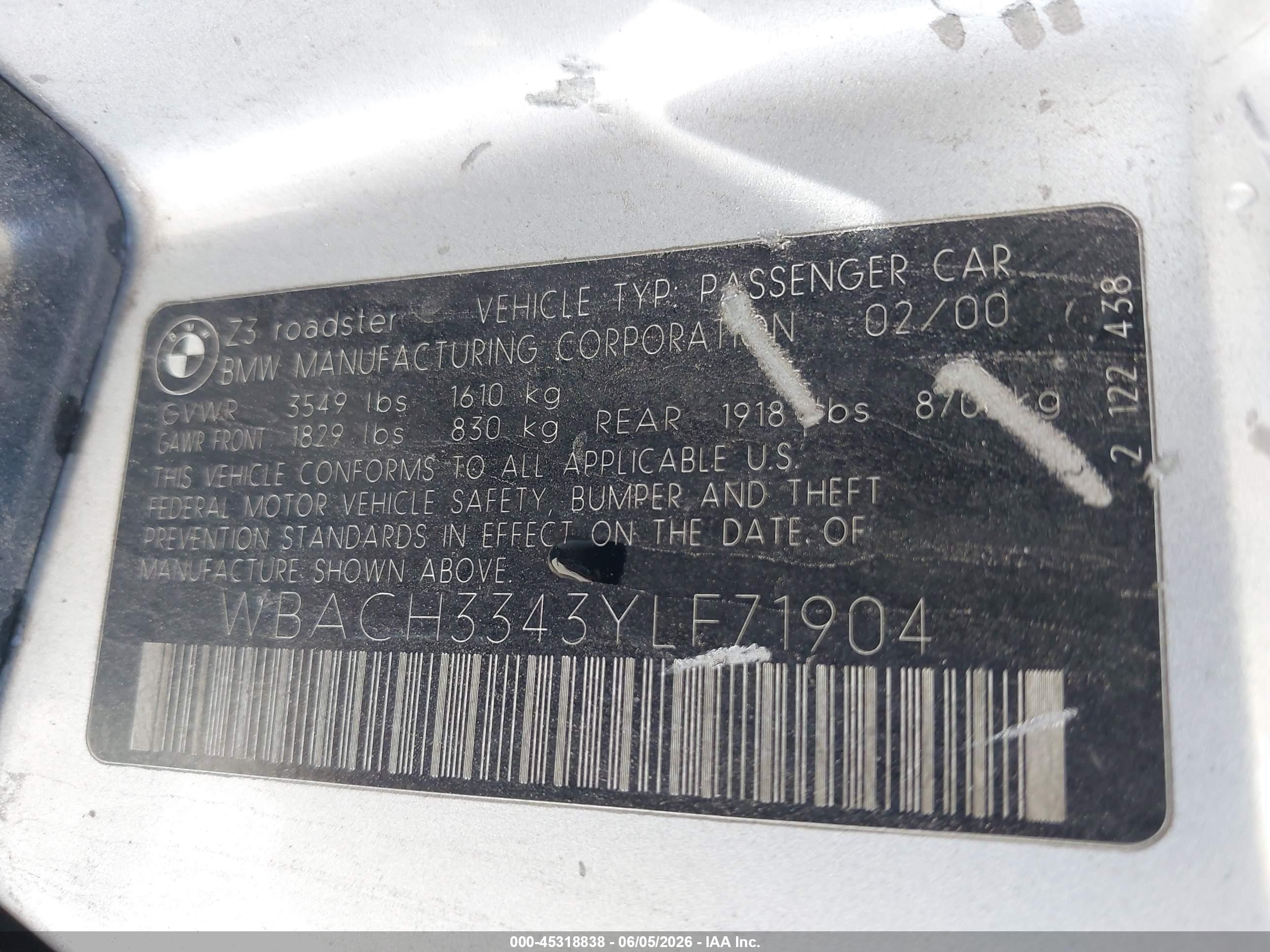 2000 Bmw Z3 2.8 Серебряный vin: WBACH3343YLF71904