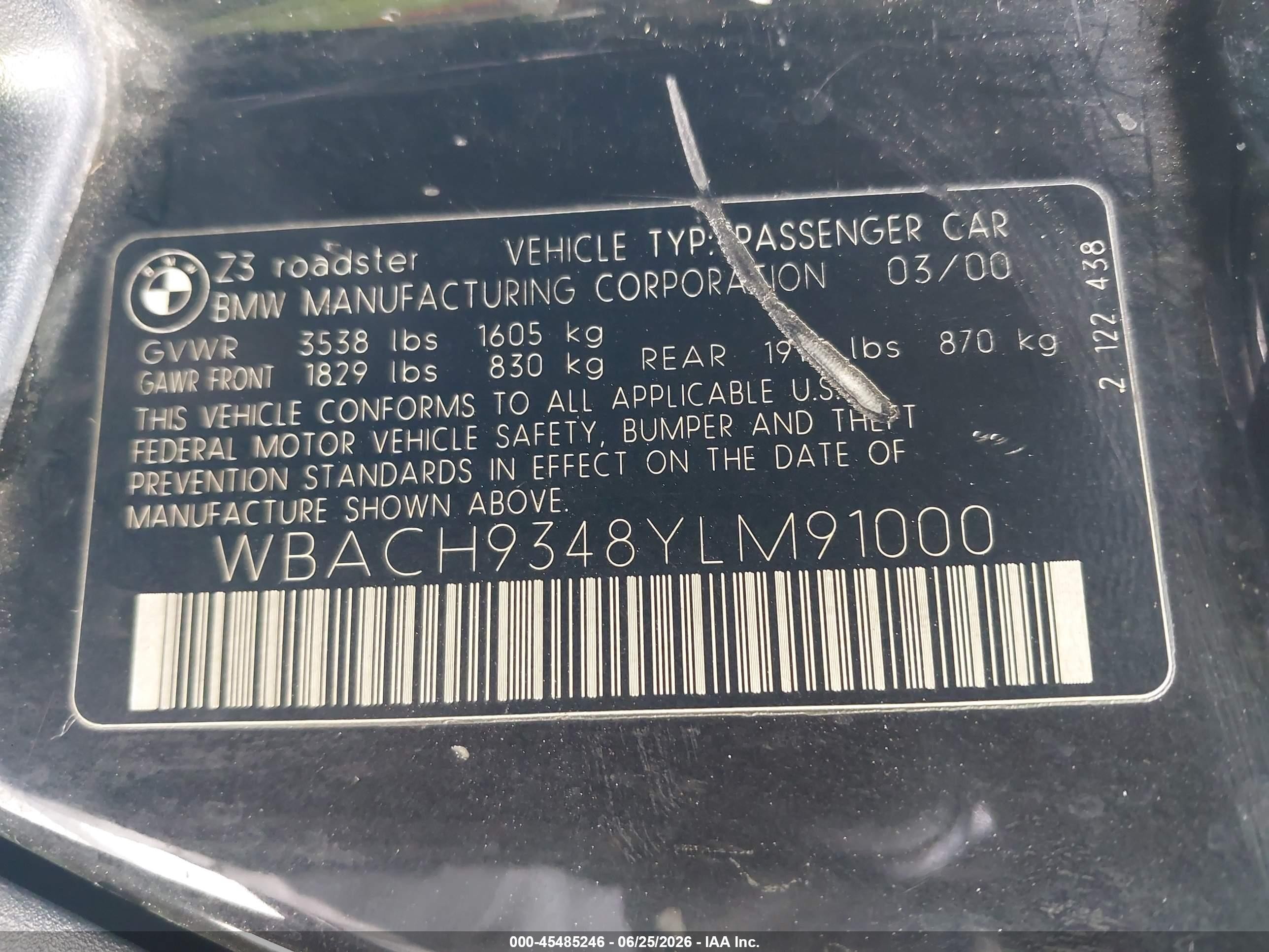 2000 Bmw Z3 2.3 Черный vin: WBACH9348YLM91000