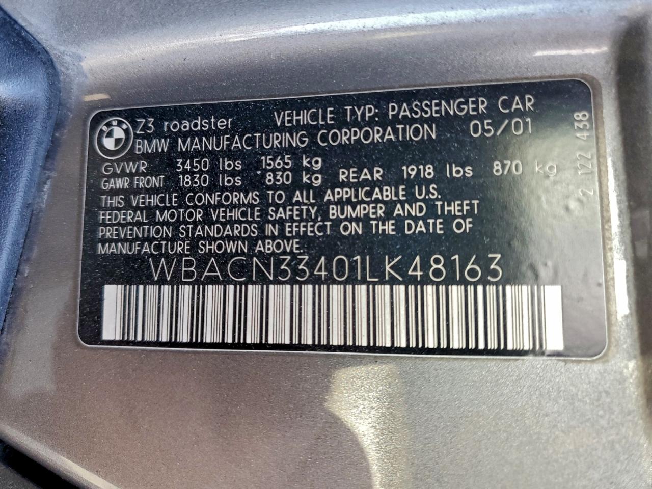 2001 Bmw Z3 2.5 Gray vin: WBACN33401LK48163