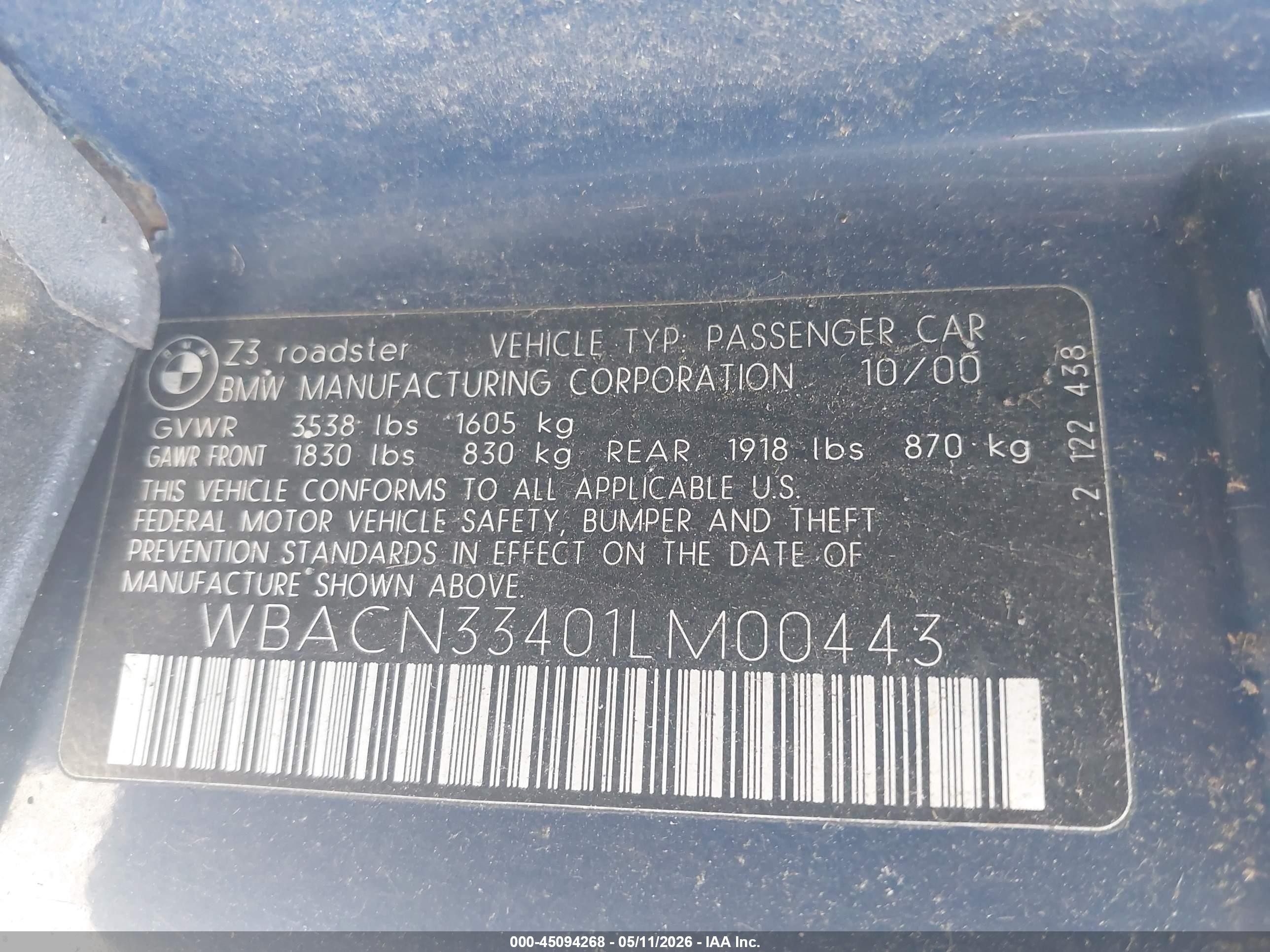 2001 Bmw Z3 2.5i Blue vin: WBACN33401LM00443