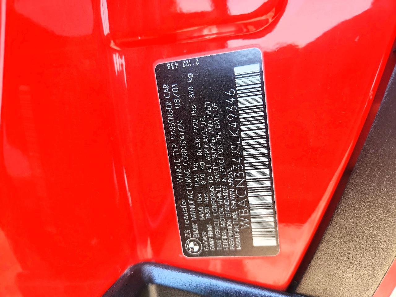 2001 Bmw Z3 Red vin: WBACN33421LK49346