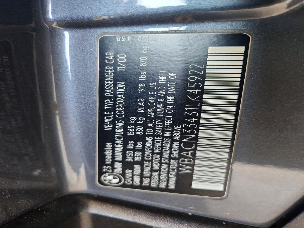 2001 Bmw Z3 2.5 Серый vin: WBACN33431LK45922