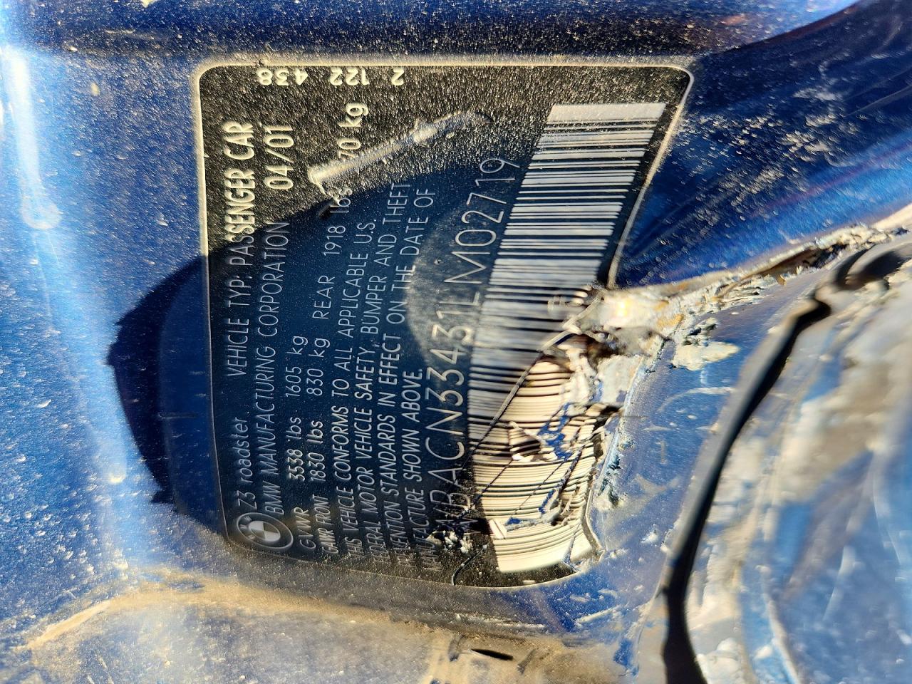 2001 Bmw Z3 2.5 Blue vin: WBACN33431LM02719