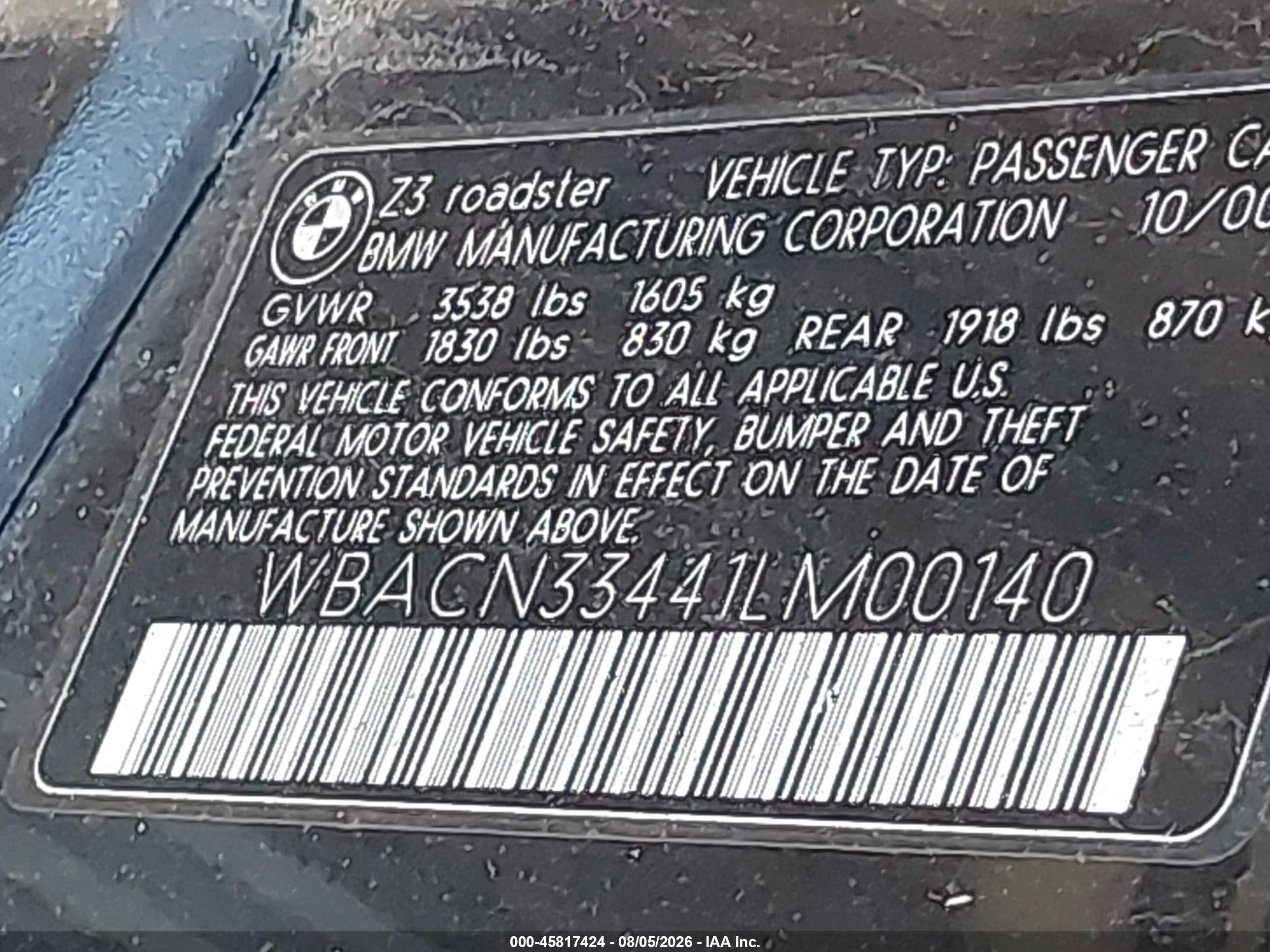 2001 Bmw Z3 2.5i Черный vin: WBACN33441LM00140