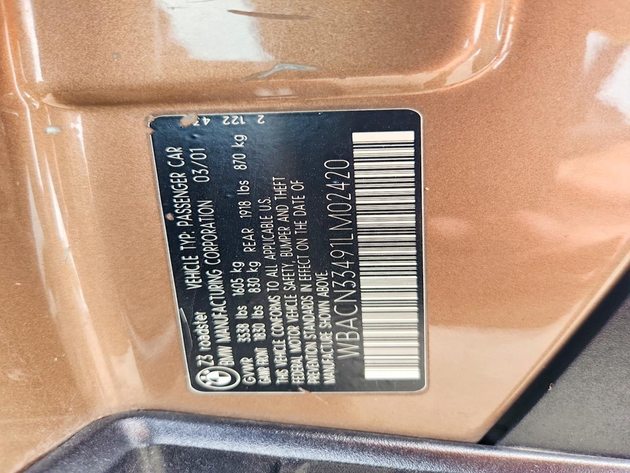 2001 Bmw Z3 2.5 Brown vin: WBACN33491LM02420