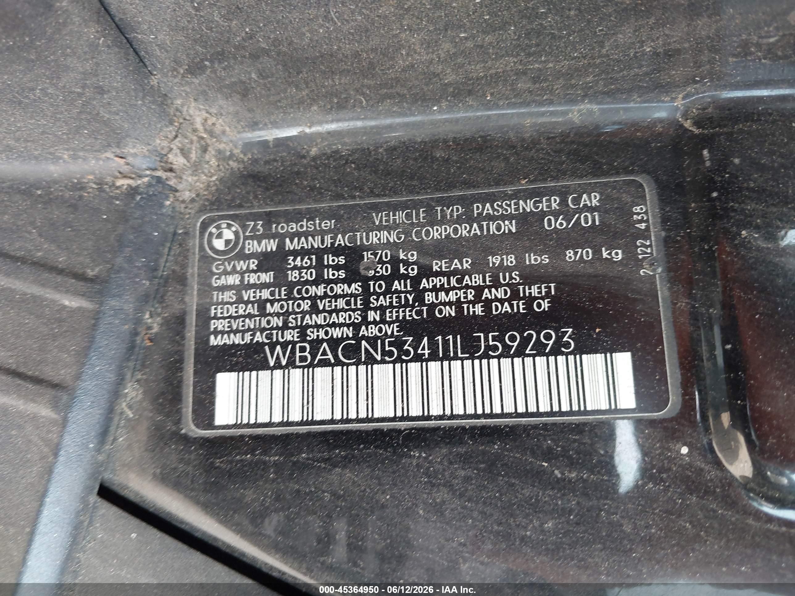2001 Bmw Z3 3.0i Black vin: WBACN53411LJ59293
