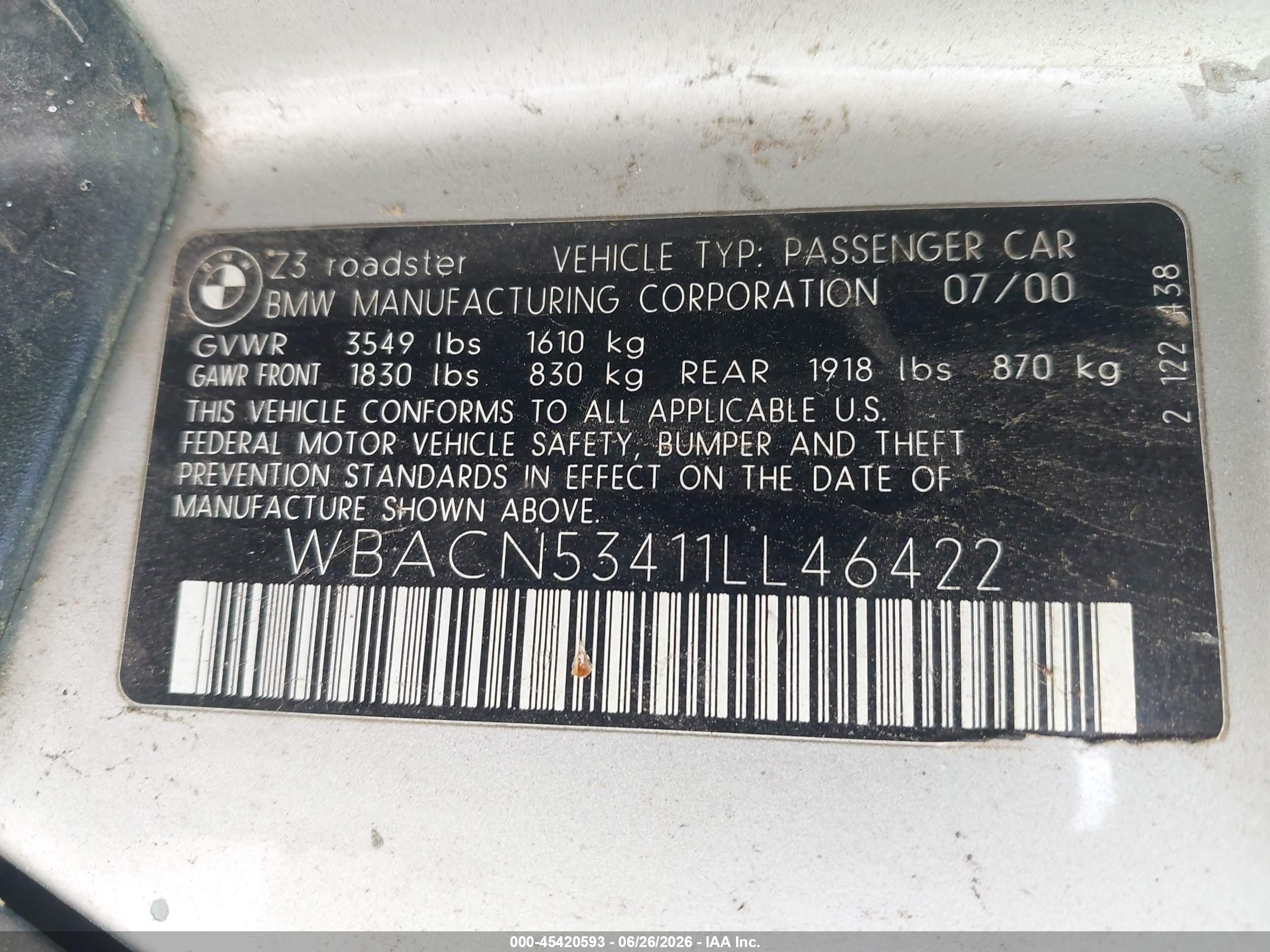 2001 Bmw Z3 3.0i Silver vin: WBACN53411LL46422
