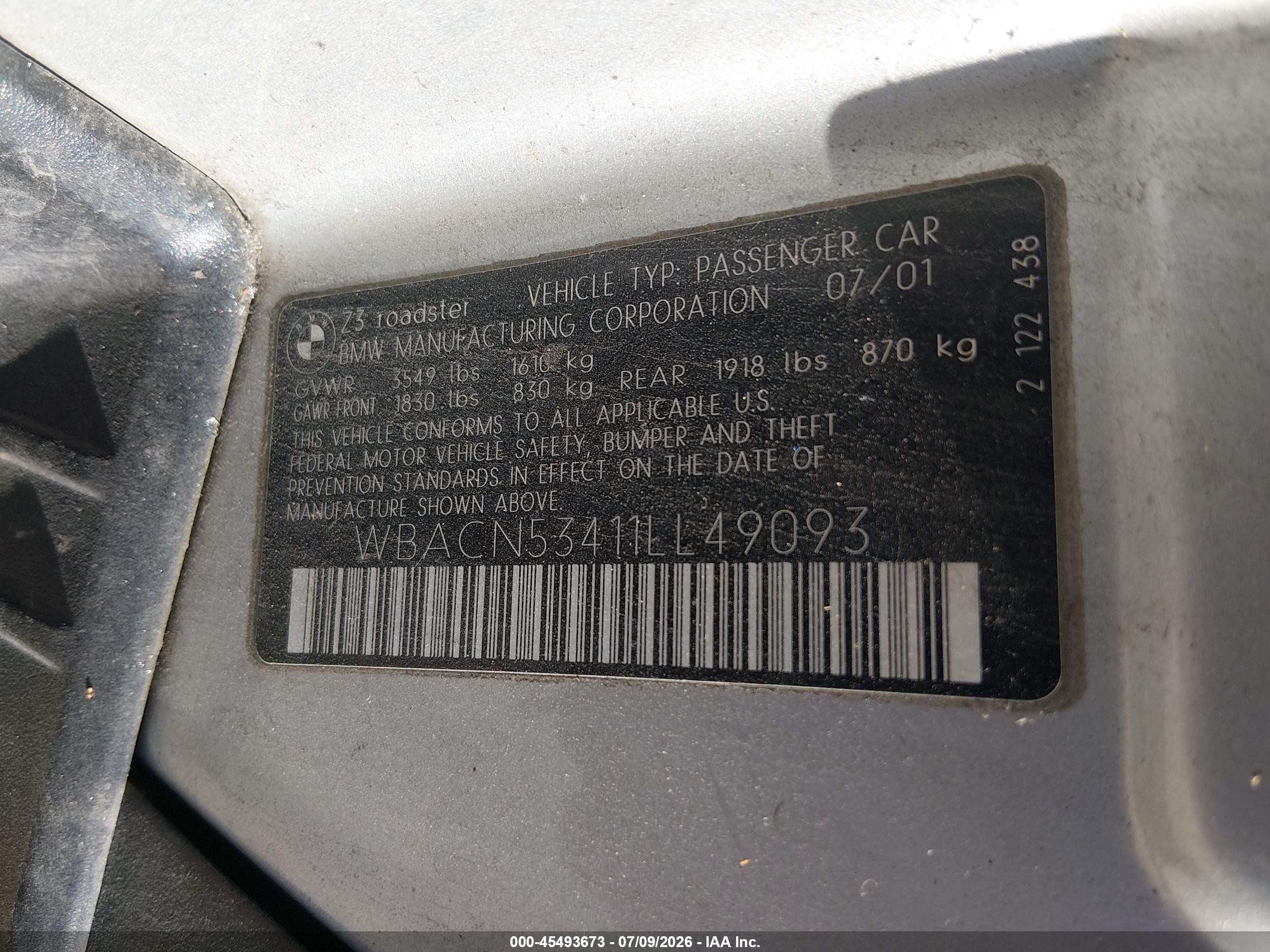 2001 Bmw Z3 3.0i Silver vin: WBACN53411LL49093