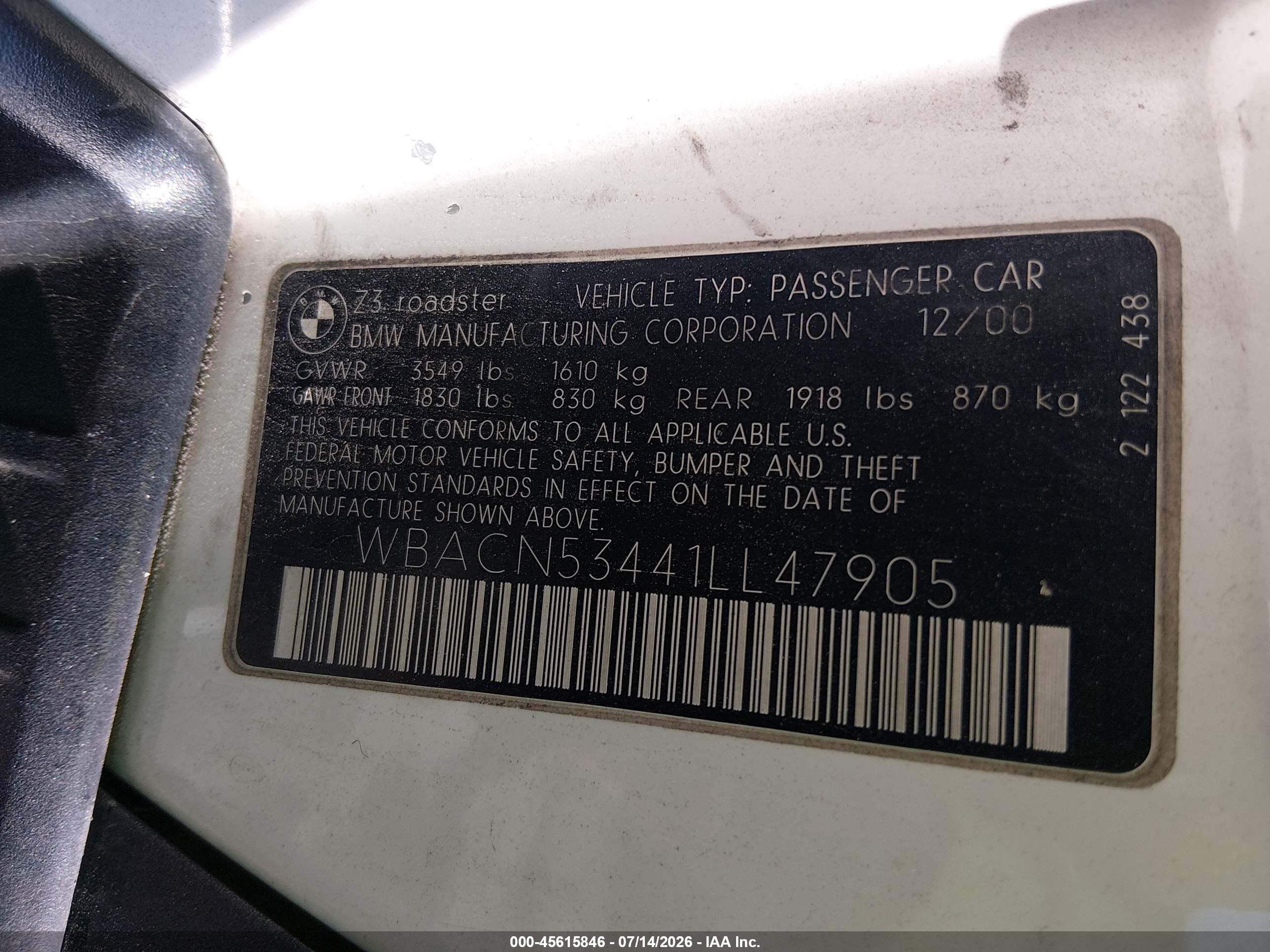2001 Bmw Z3 3.0i White vin: WBACN53441LL47905