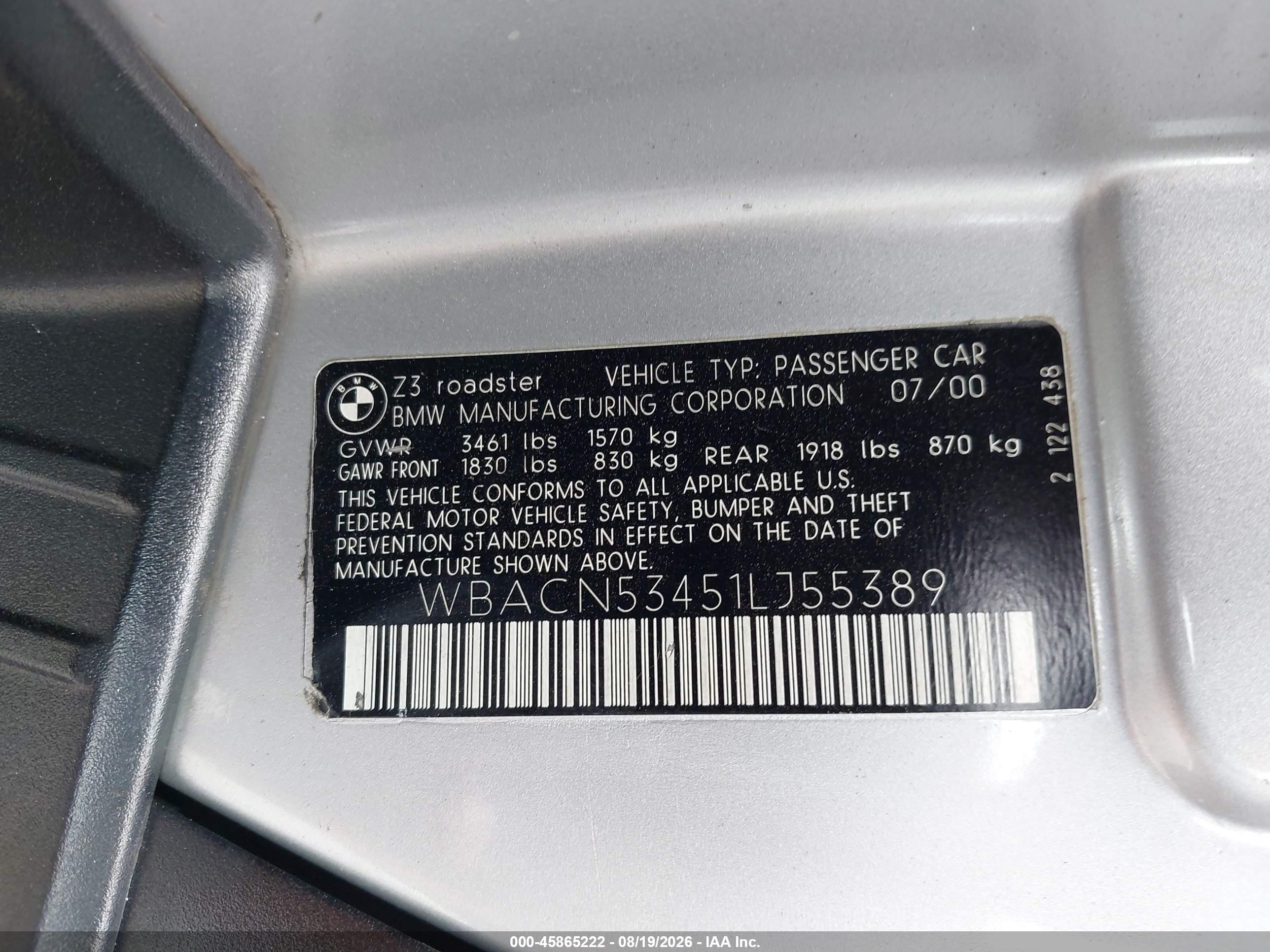 2001 Bmw Z3 3.0i Silver vin: WBACN53451LJ55389