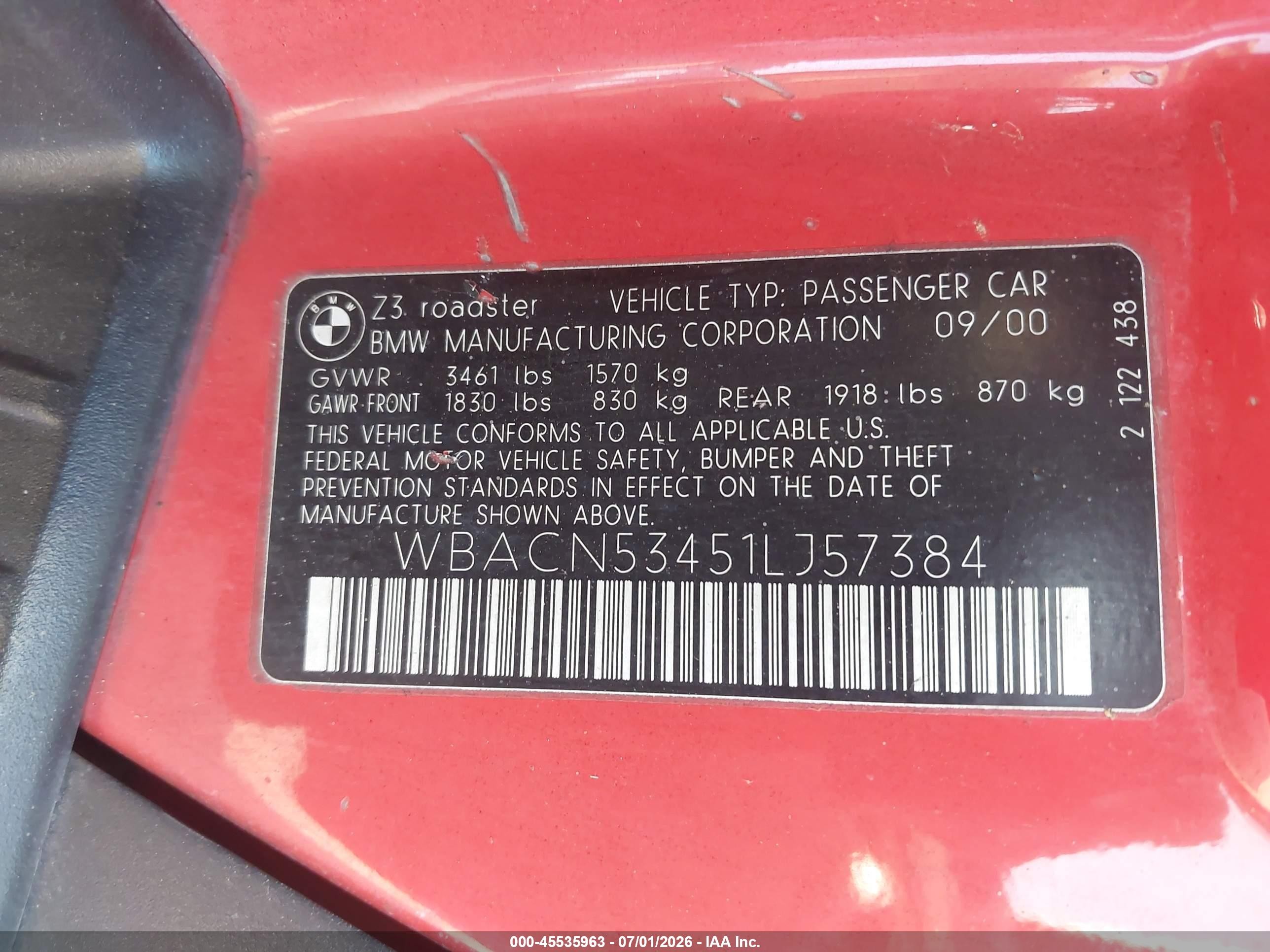 2001 Bmw Z3 3.0i Red vin: WBACN53451LJ57384
