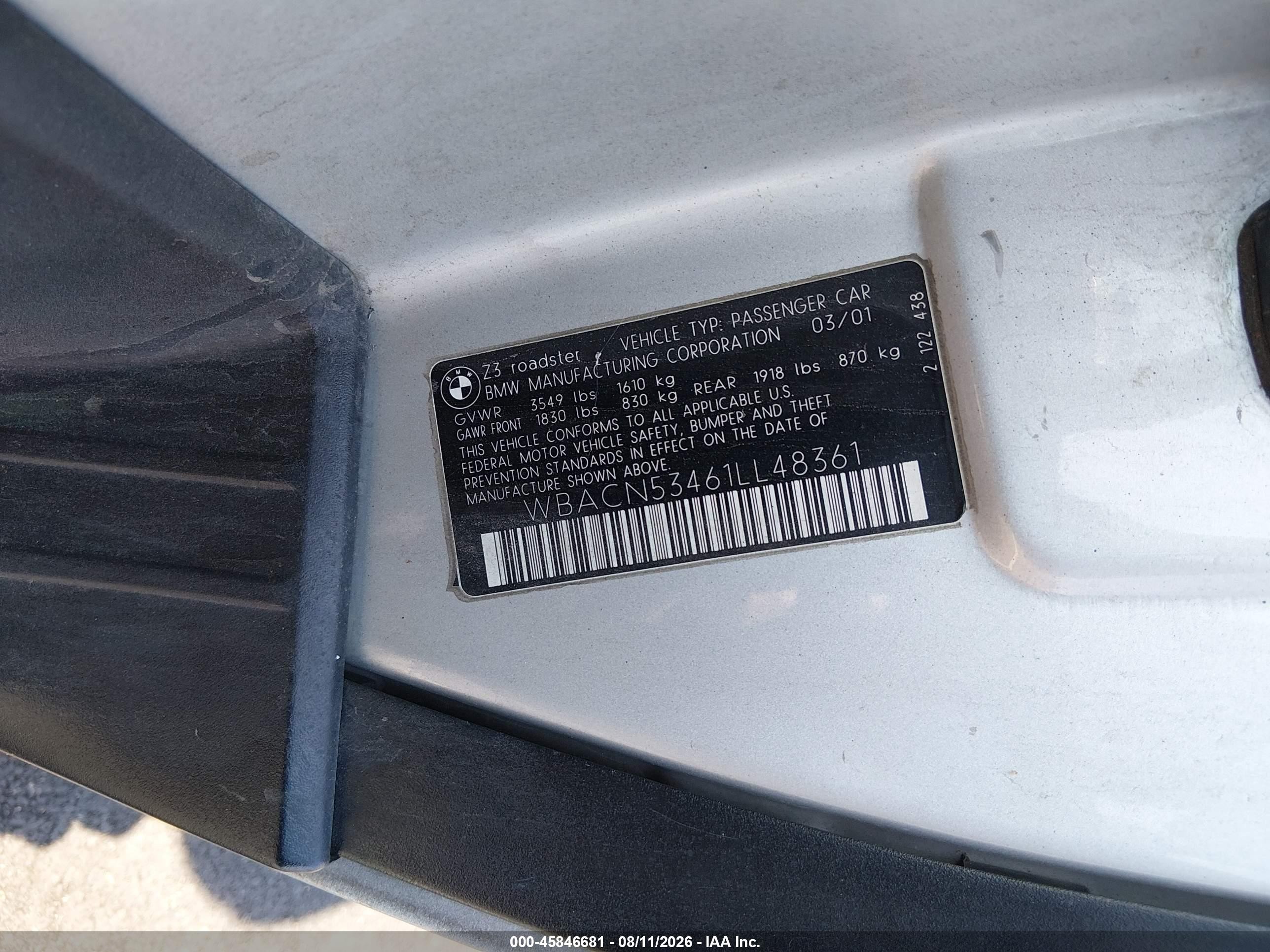 2001 Bmw Z3 3.0i Серебряный vin: WBACN53461LL48361