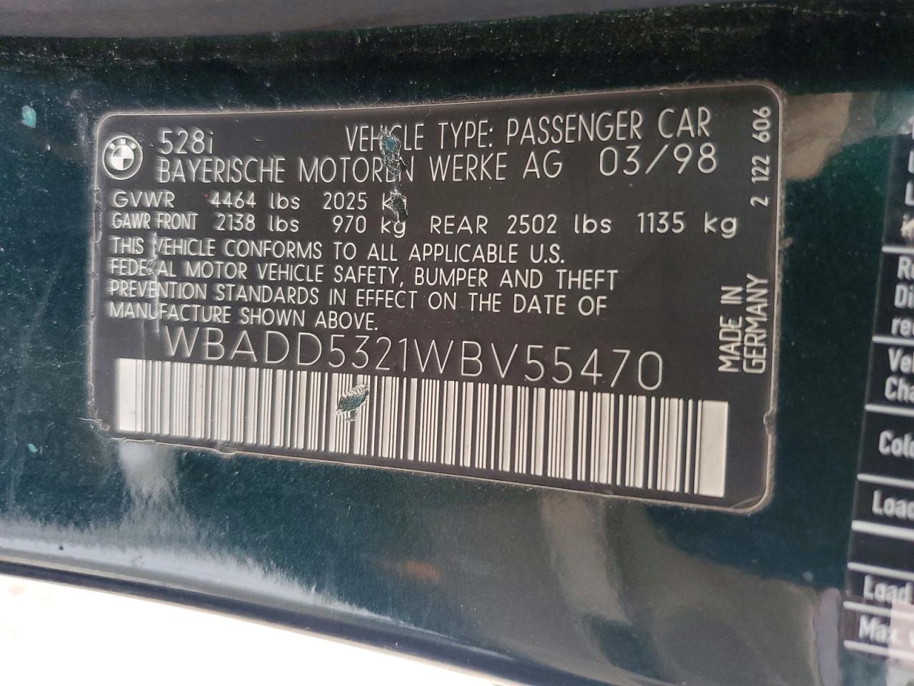 1998 Bmw 528 I Green vin: WBADD5321WBV55470