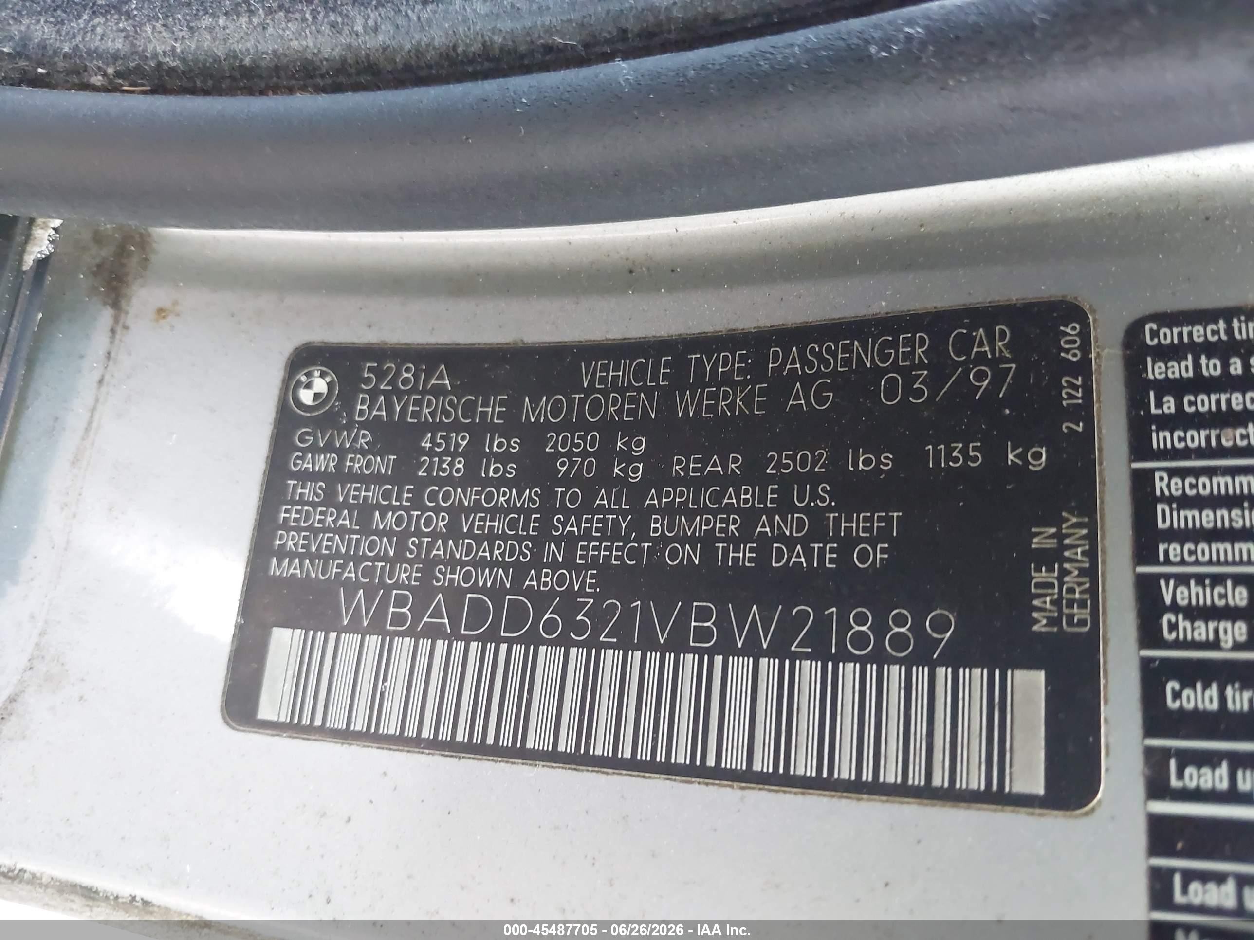 1997 Bmw 528i   Silver vin: WBADD6321VBW21889