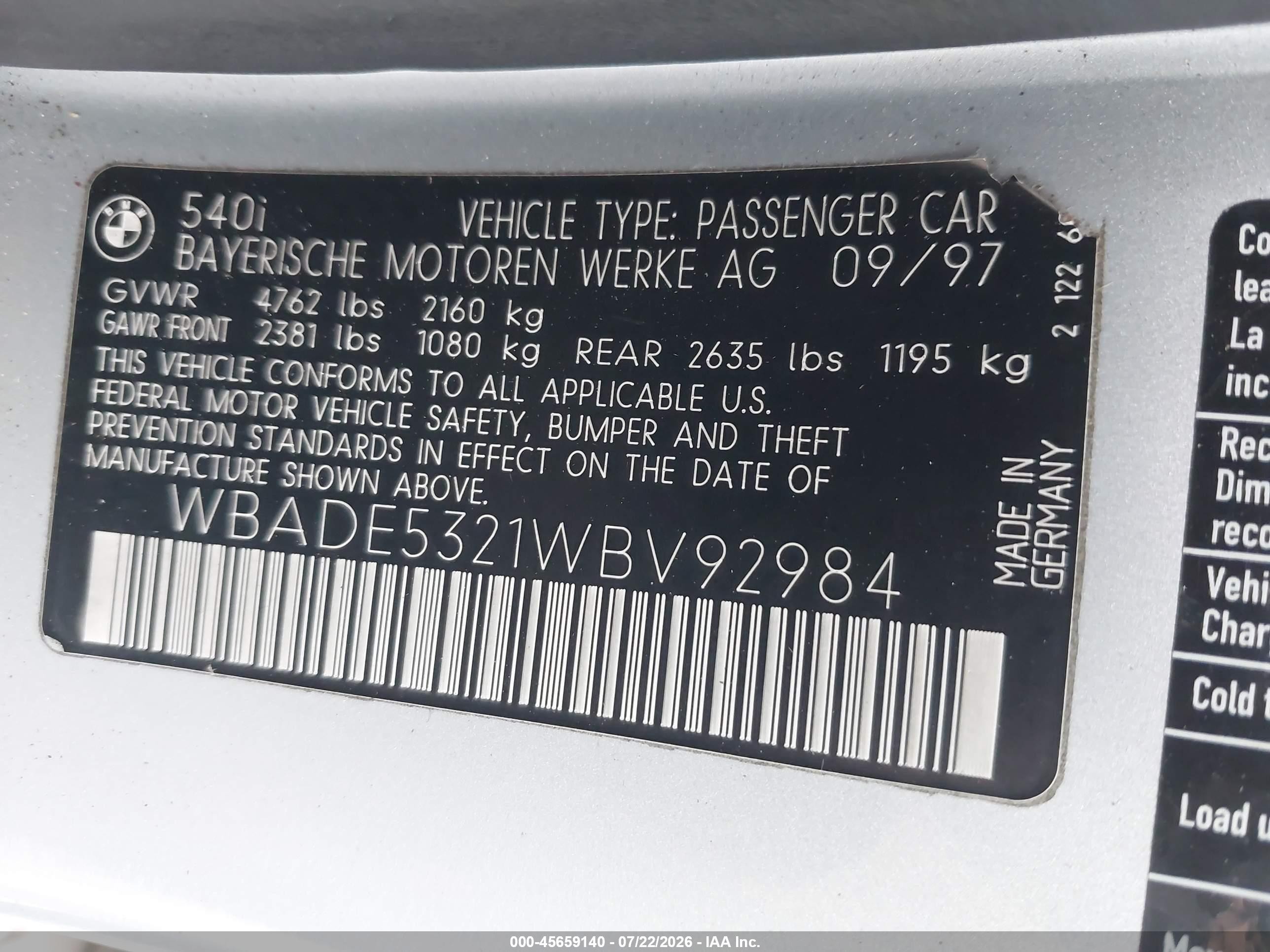 1998 Bmw 540i   Silver vin: WBADE5321WBV92984