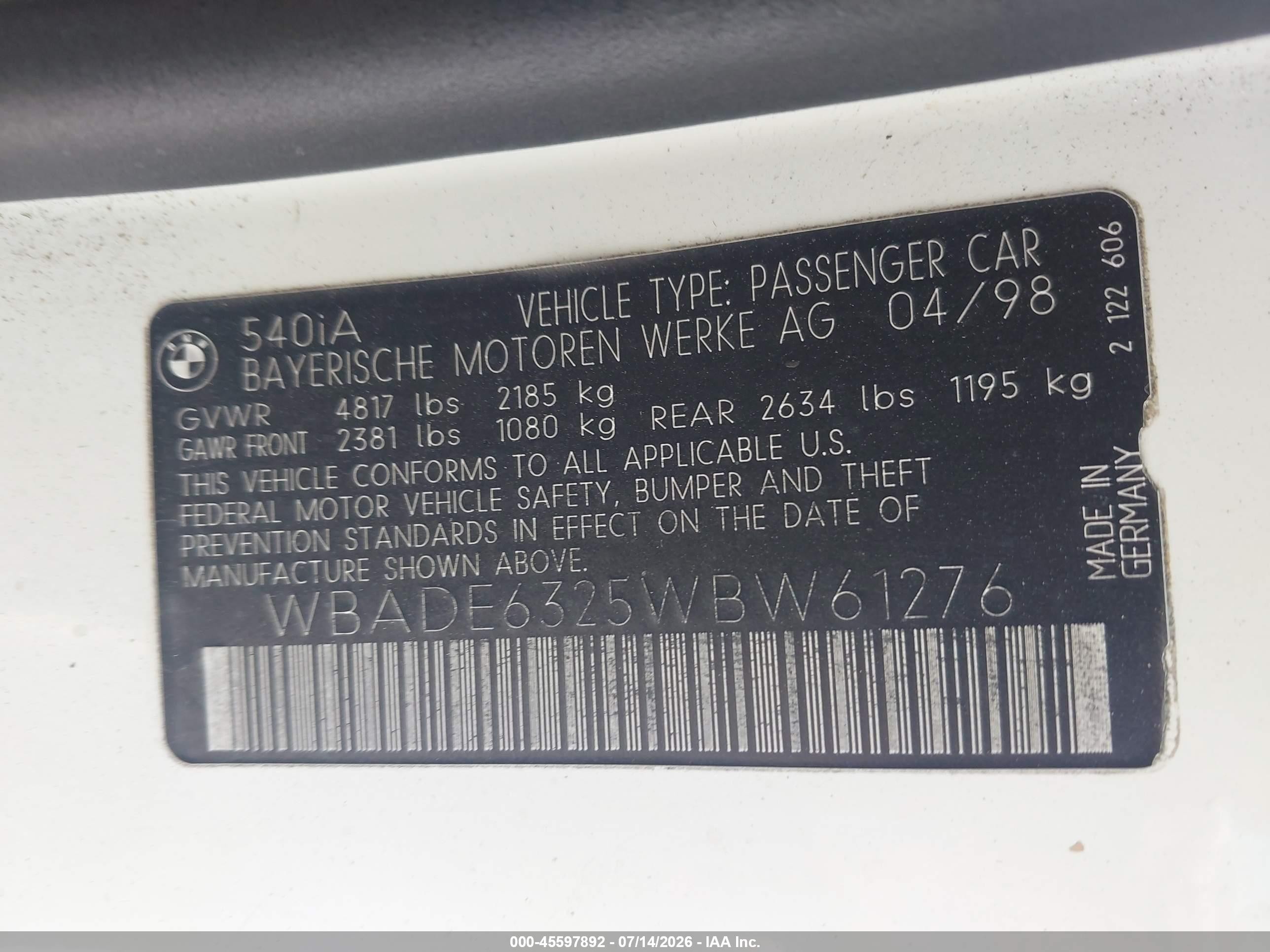 1998 Bmw 540ia   Белый vin: WBADE6325WBW61276