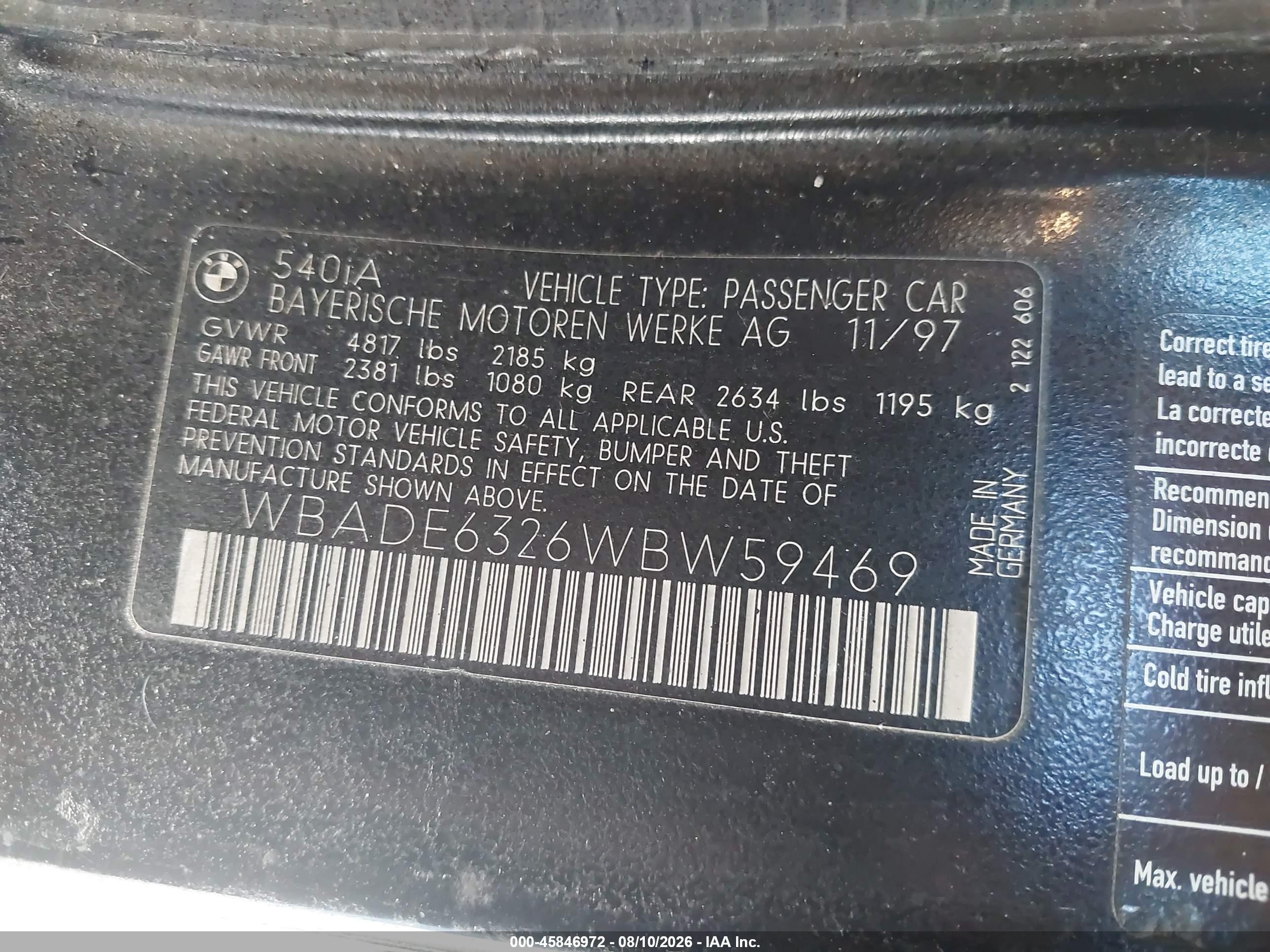 1998 Bmw 540ia   Black vin: WBADE6326WBW59469