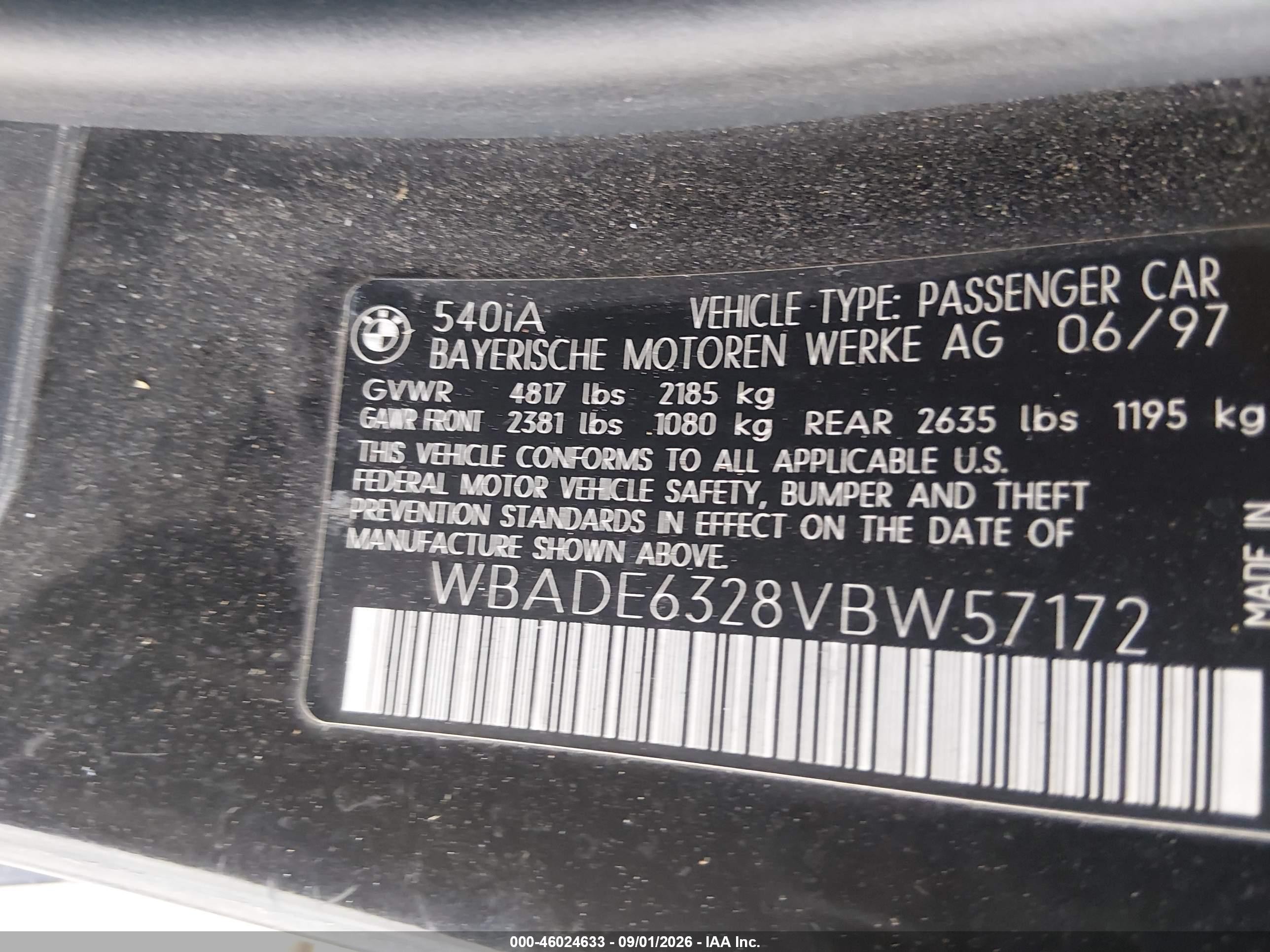 1997 Bmw 540ia   Черный vin: WBADE6328VBW57172