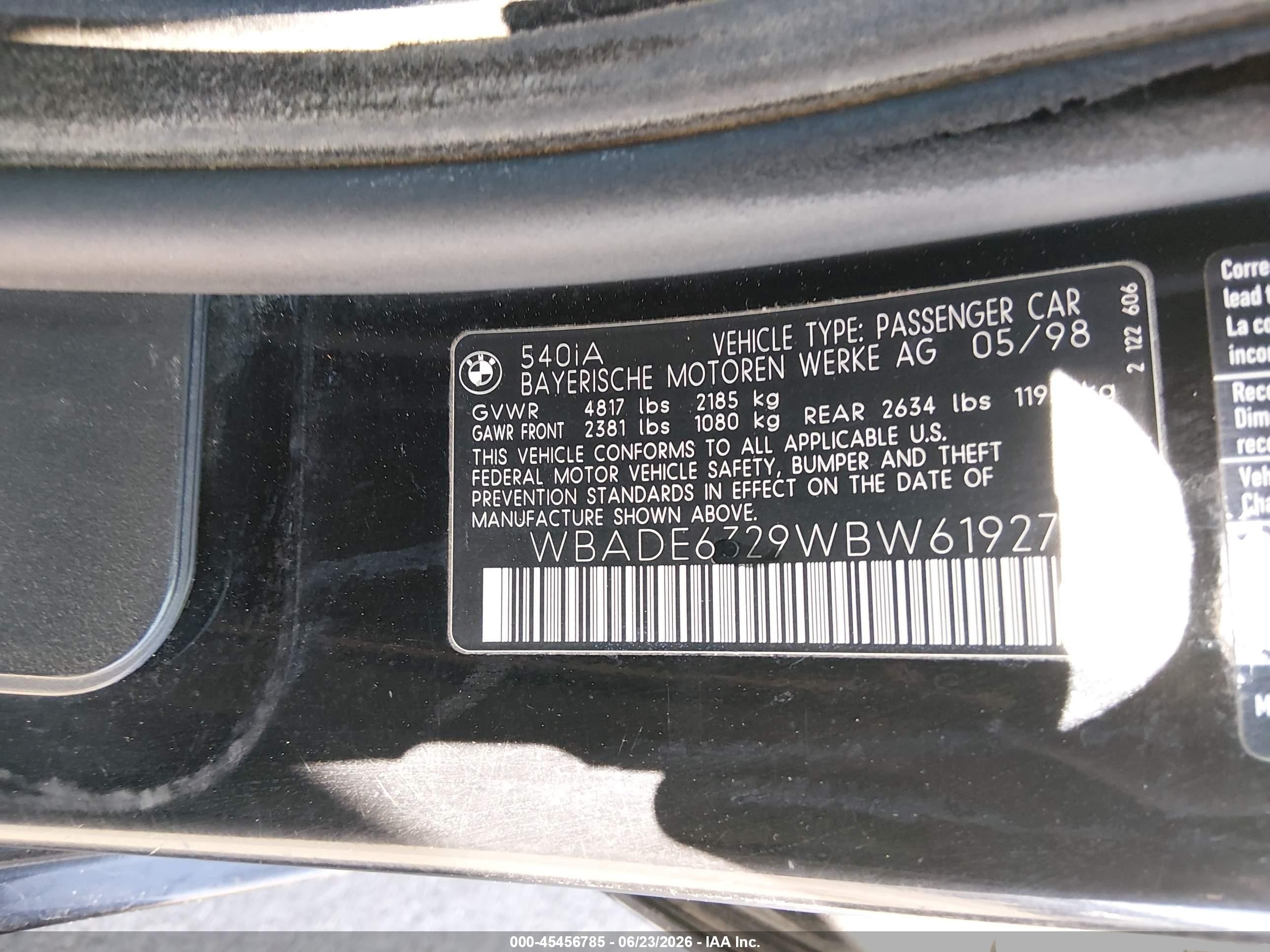 1998 Bmw 540ia   Black vin: WBADE6329WBW61927