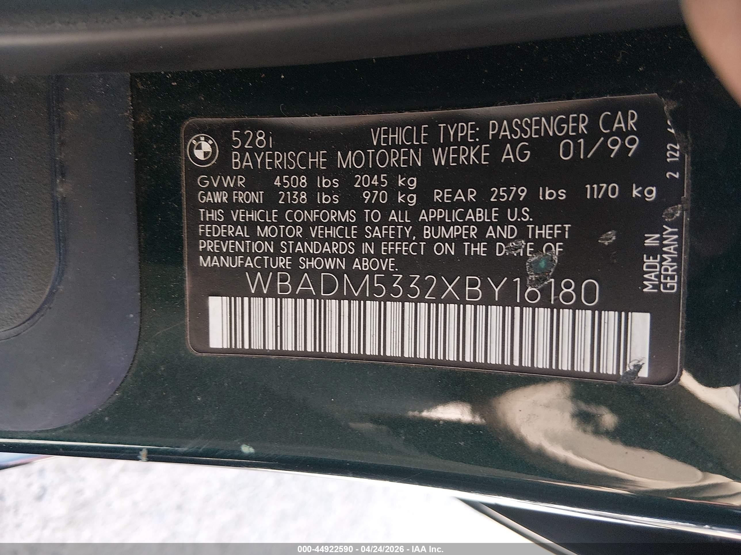 1999 Bmw 528i   Green vin: WBADM5332XBY16180