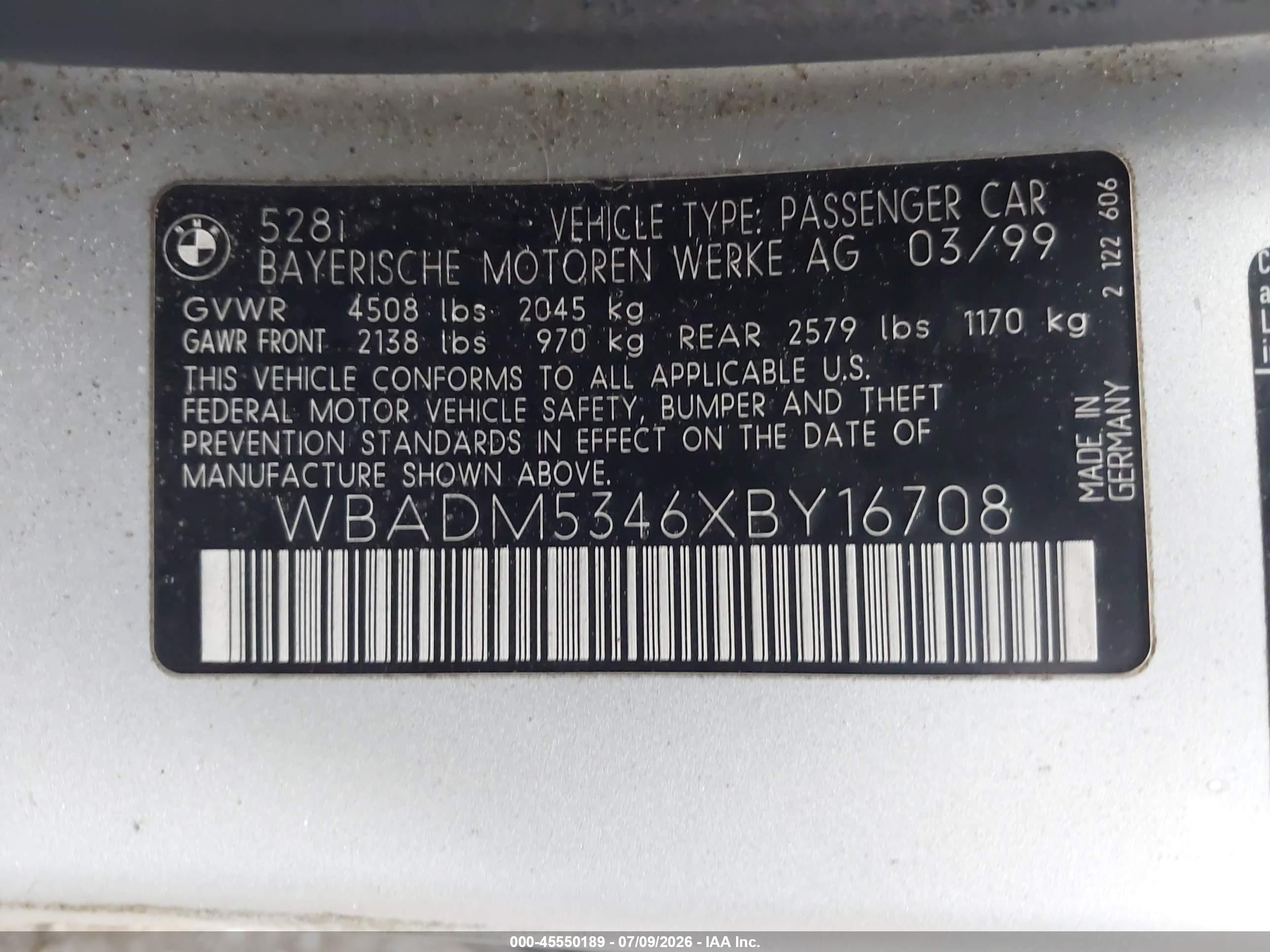 1999 Bmw 528i   Silver vin: WBADM5346XBY16708
