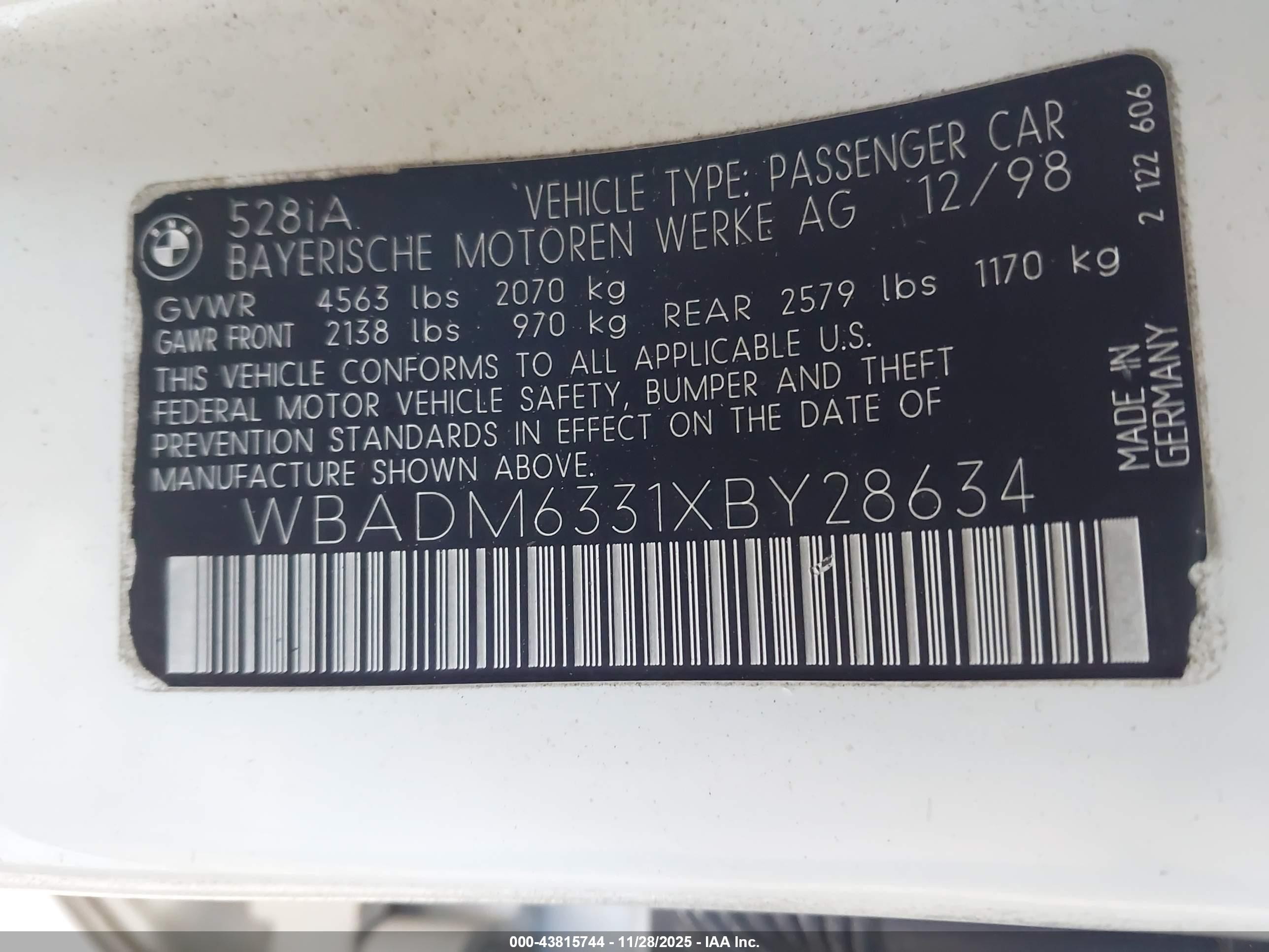 1999 Bmw 528ia   Белый vin: WBADM6331XBY28634