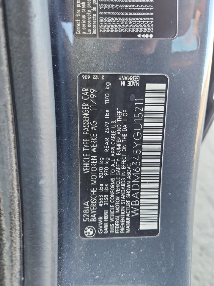2000 Bmw 528 I Automatic Blue vin: WBADM6345YGU15211