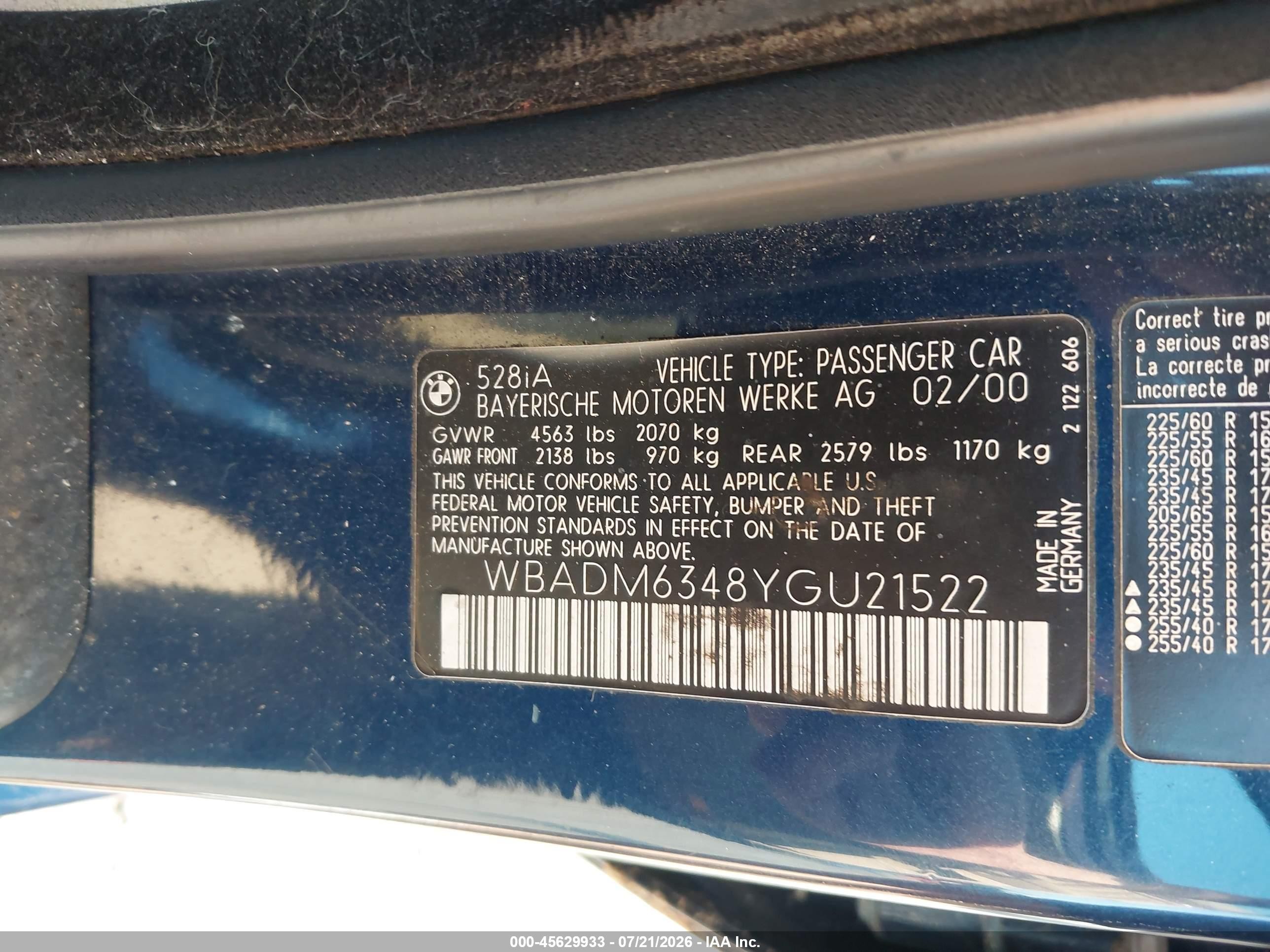 2000 Bmw 528ia   Синий vin: WBADM6348YGU21522