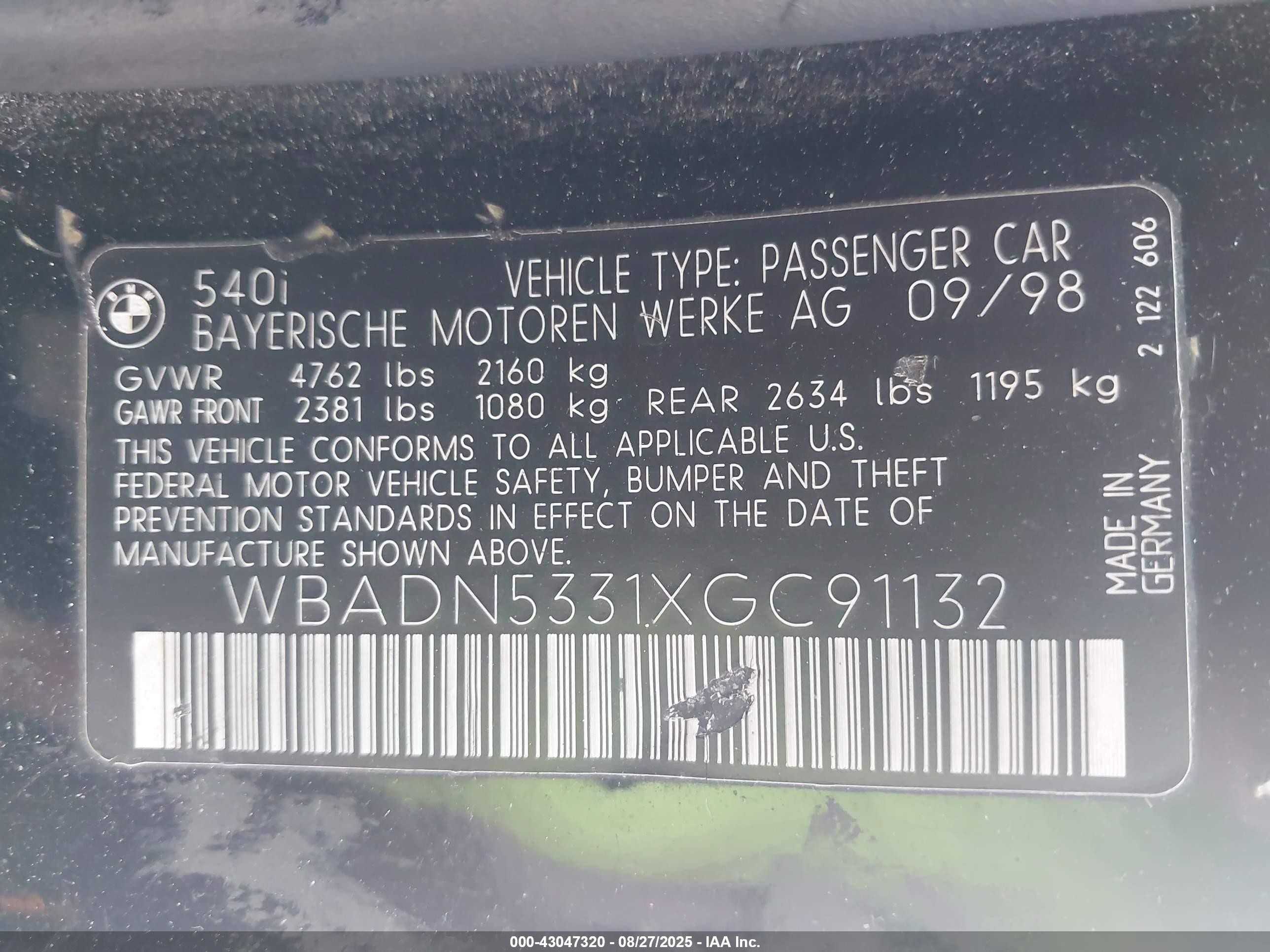 1999 Bmw 540i   Black vin: WBADN5331XGC91132