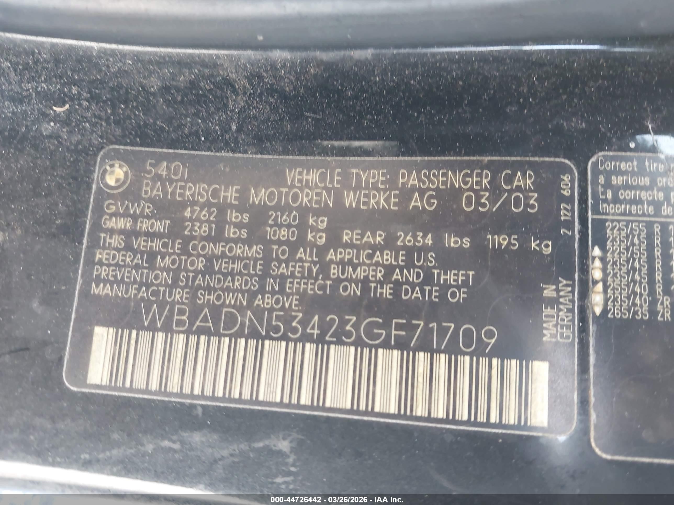 2003 Bmw 540i   Black vin: WBADN53423GF71709