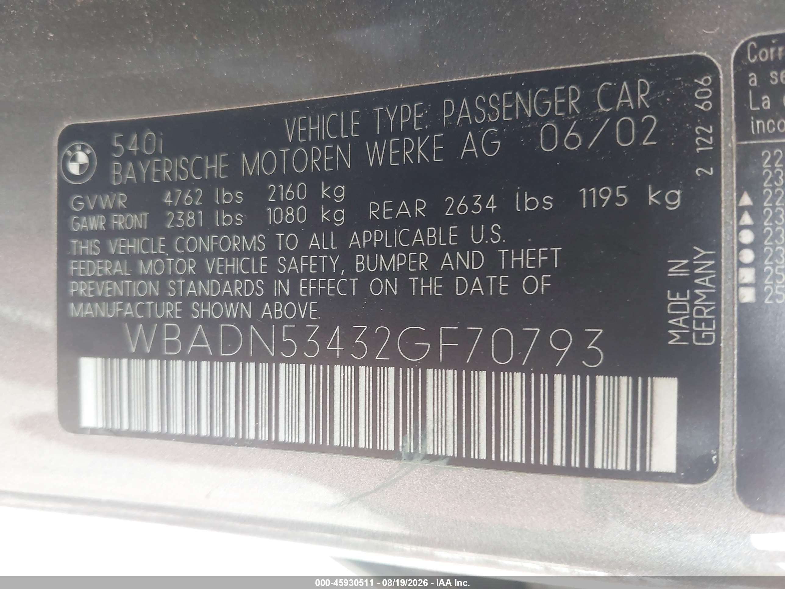 2002 Bmw 540i   Silver vin: WBADN53432GF70793