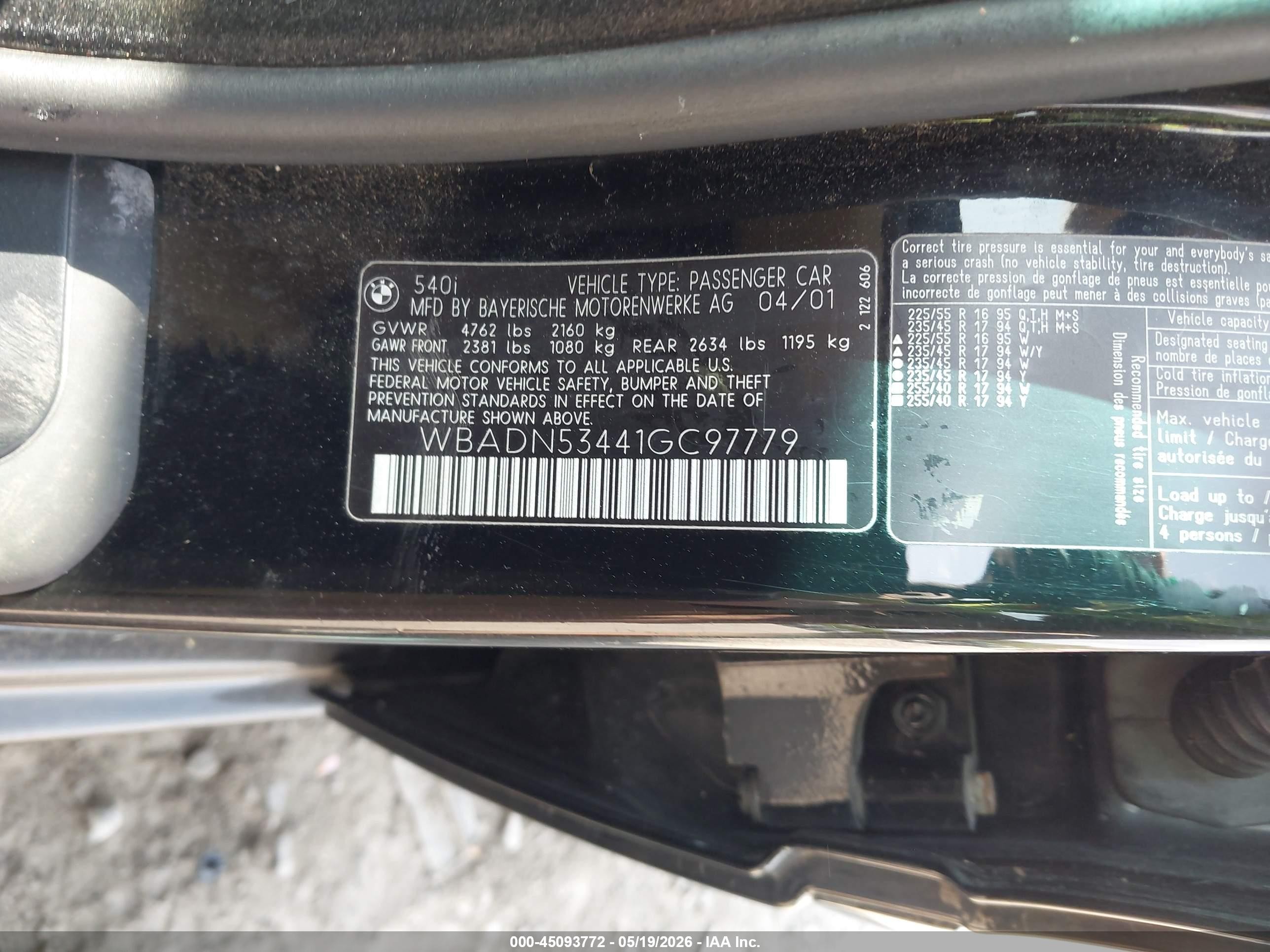 2001 Bmw 540i   Черный vin: WBADN53441GC97779