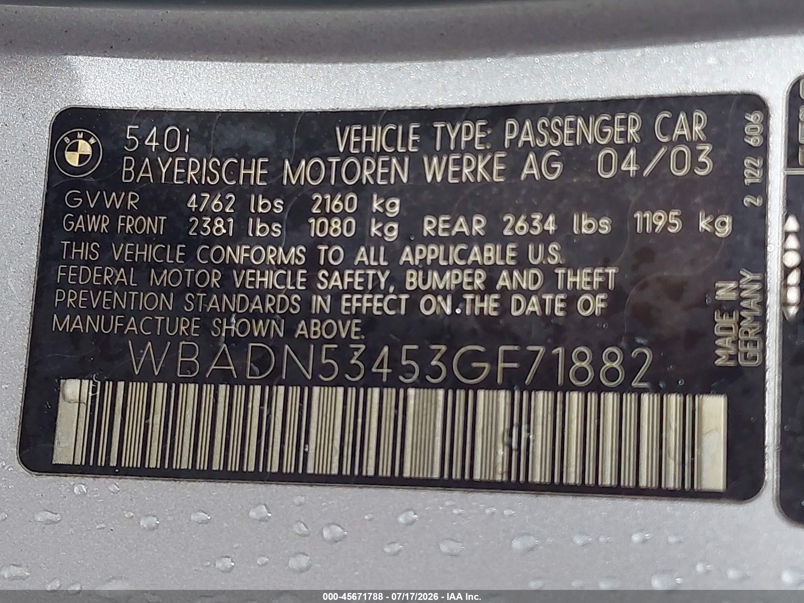2003 Bmw 5 Series 540i Silver vin: WBADN53453GF71882