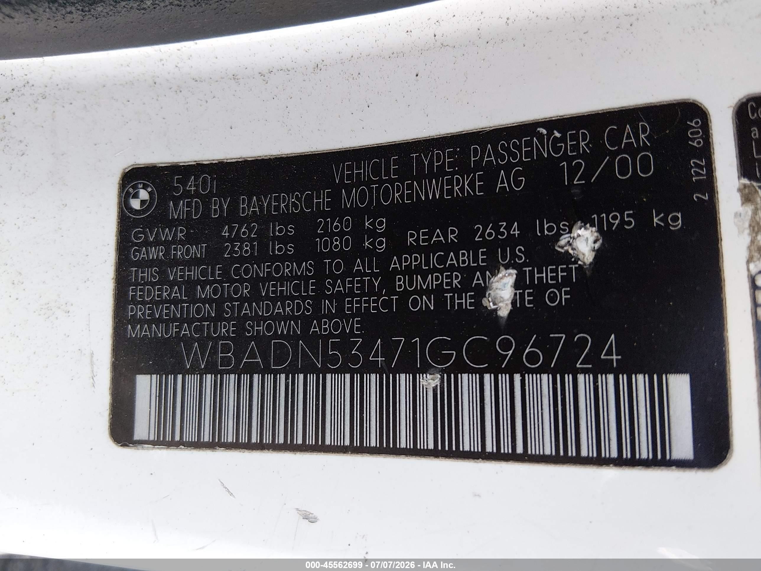 2001 Bmw 540i White vin: WBADN53471GC96724