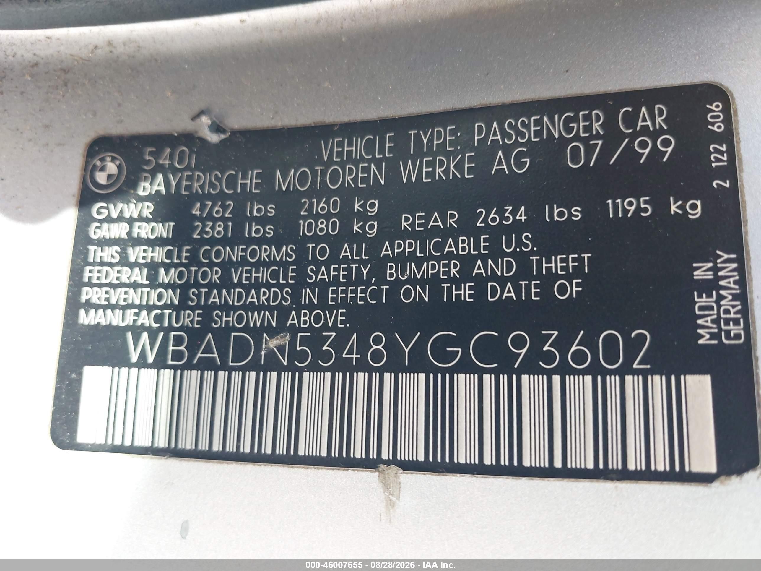 2000 Bmw 540i   Silver vin: WBADN5348YGC93602