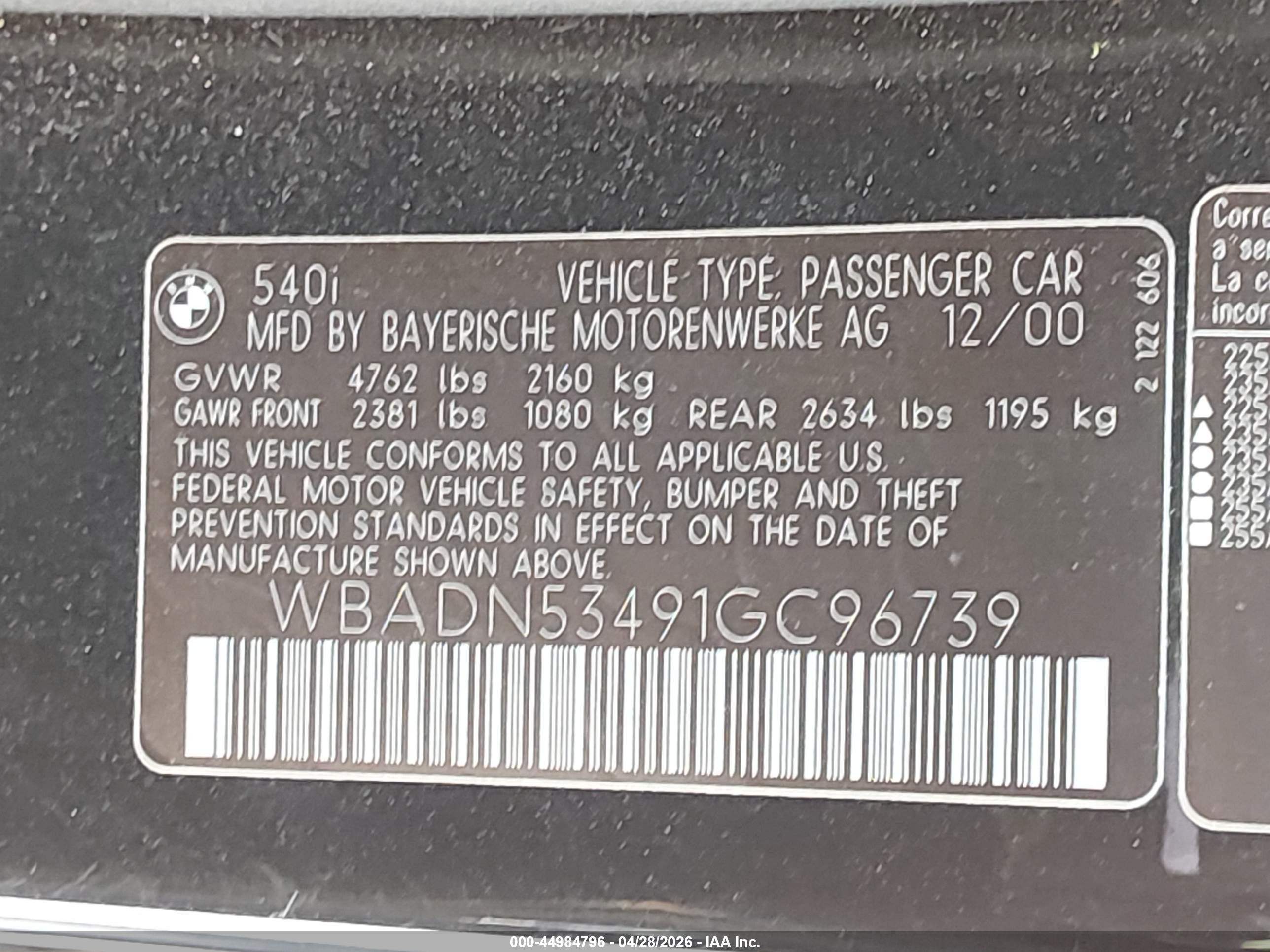 2001 Bmw 540i Black vin: WBADN53491GC96739
