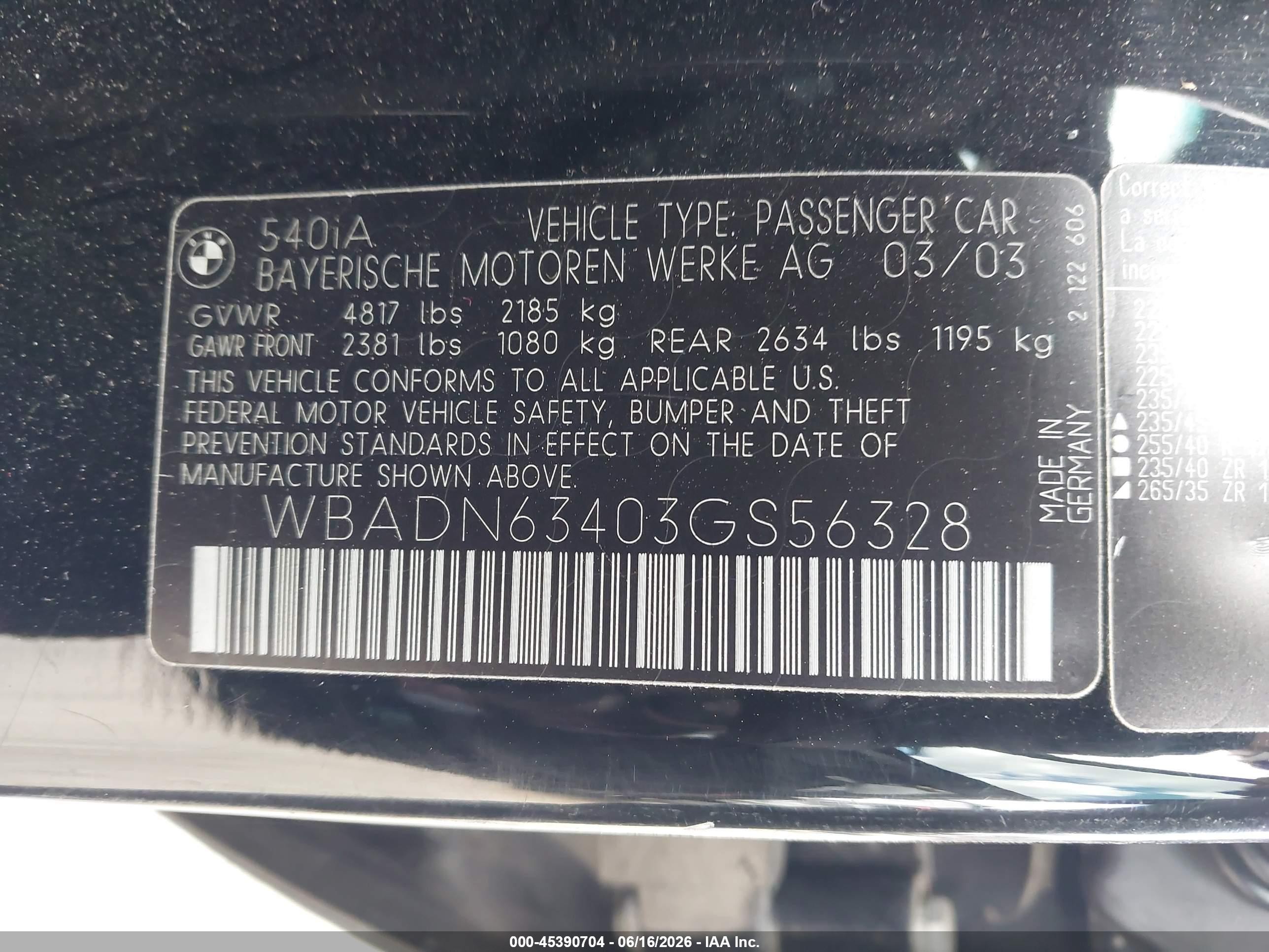 2003 Bmw 540ia   Black vin: WBADN63403GS56328