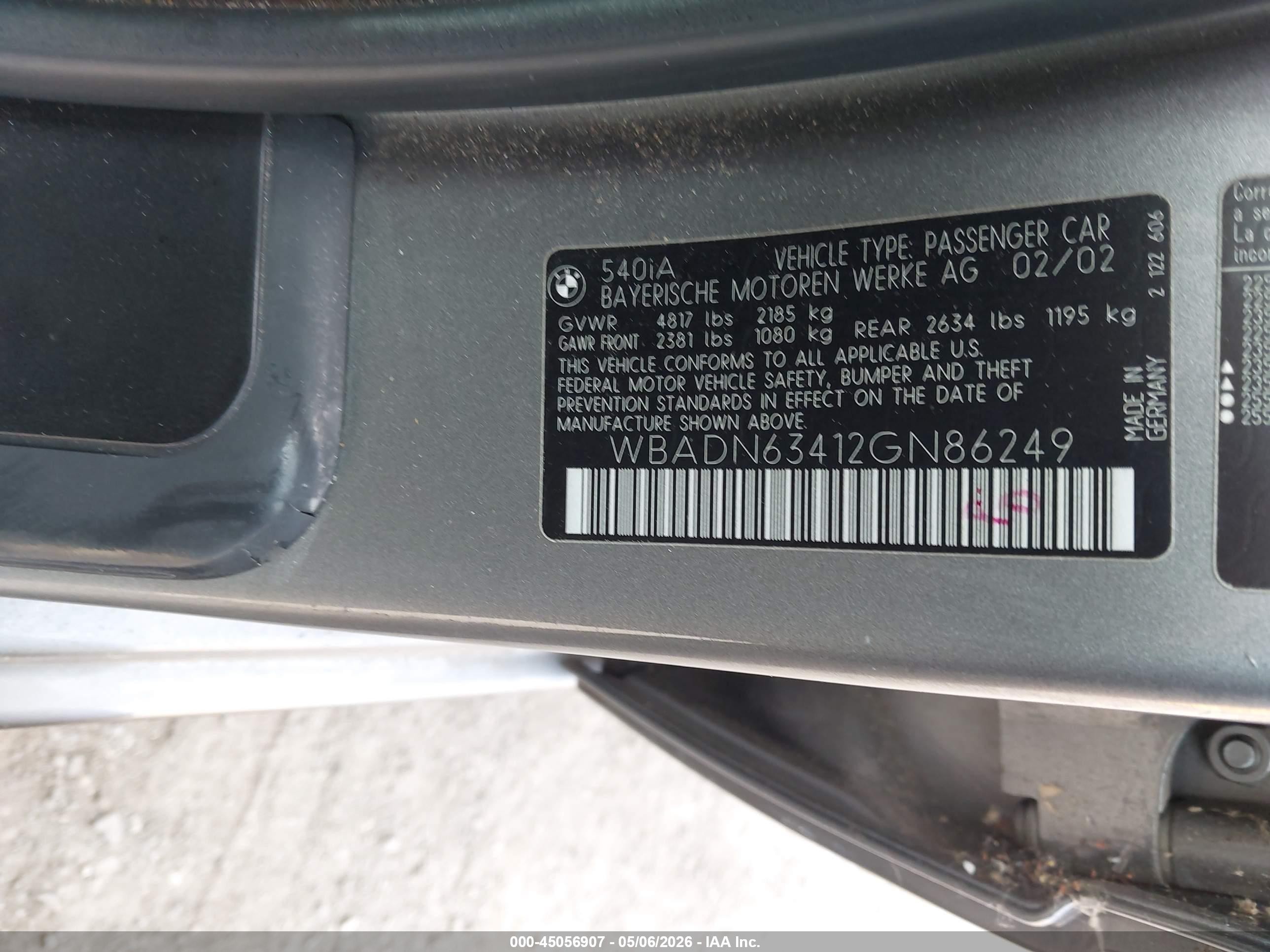 2002 Bmw 540ia   Gray vin: WBADN63412GN86249