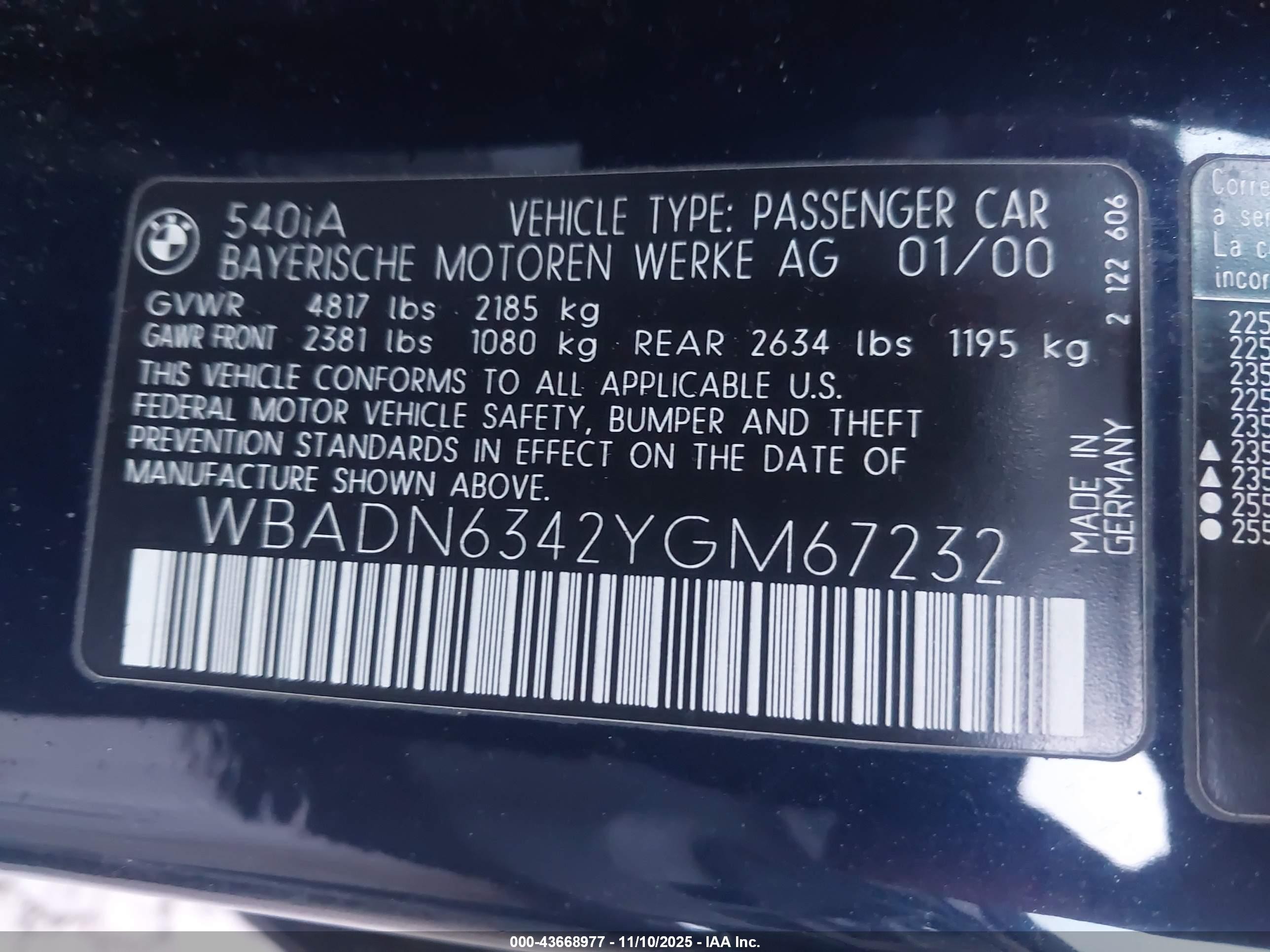 2000 Bmw 540ia   Blue vin: WBADN6342YGM67232