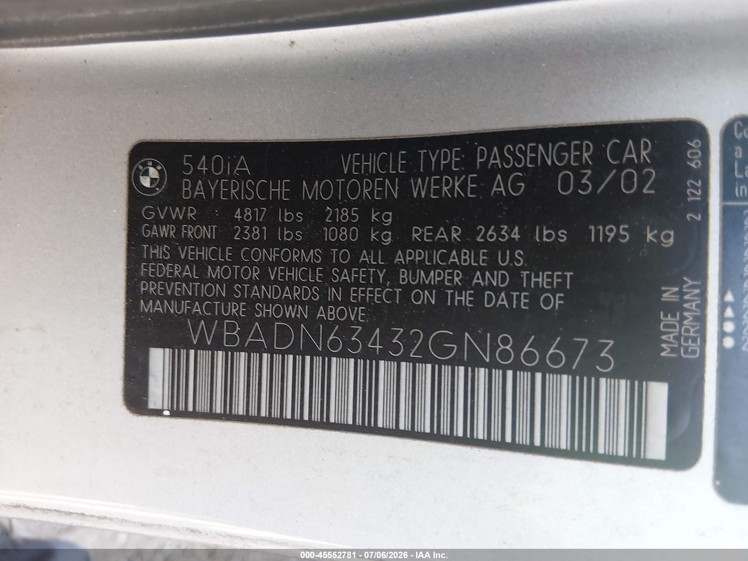 2002 Bmw 5 Series 540ia Silver vin: WBADN63432GN86673