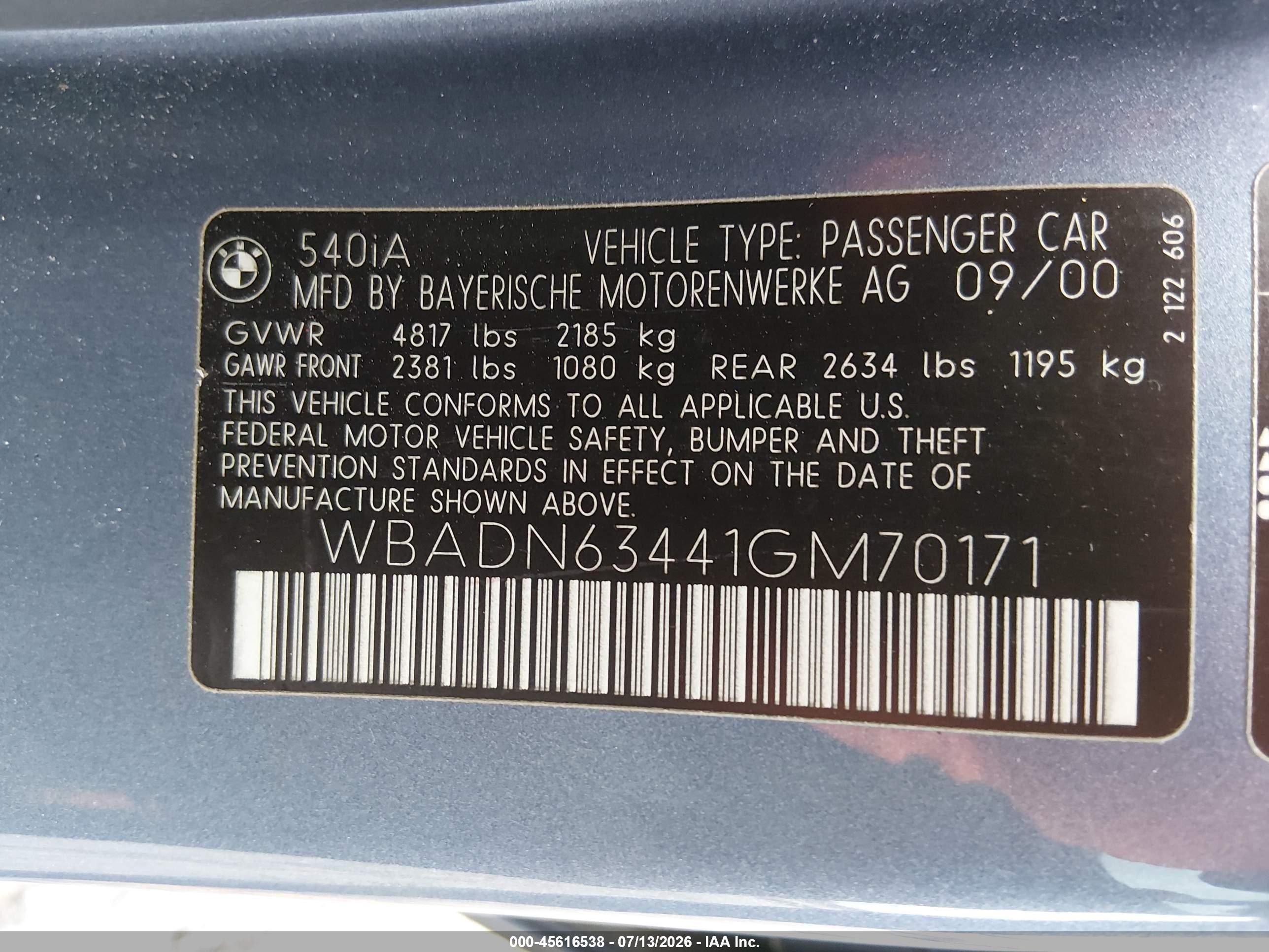 2001 Bmw 5 Series 540ia Синий vin: WBADN63441GM70171