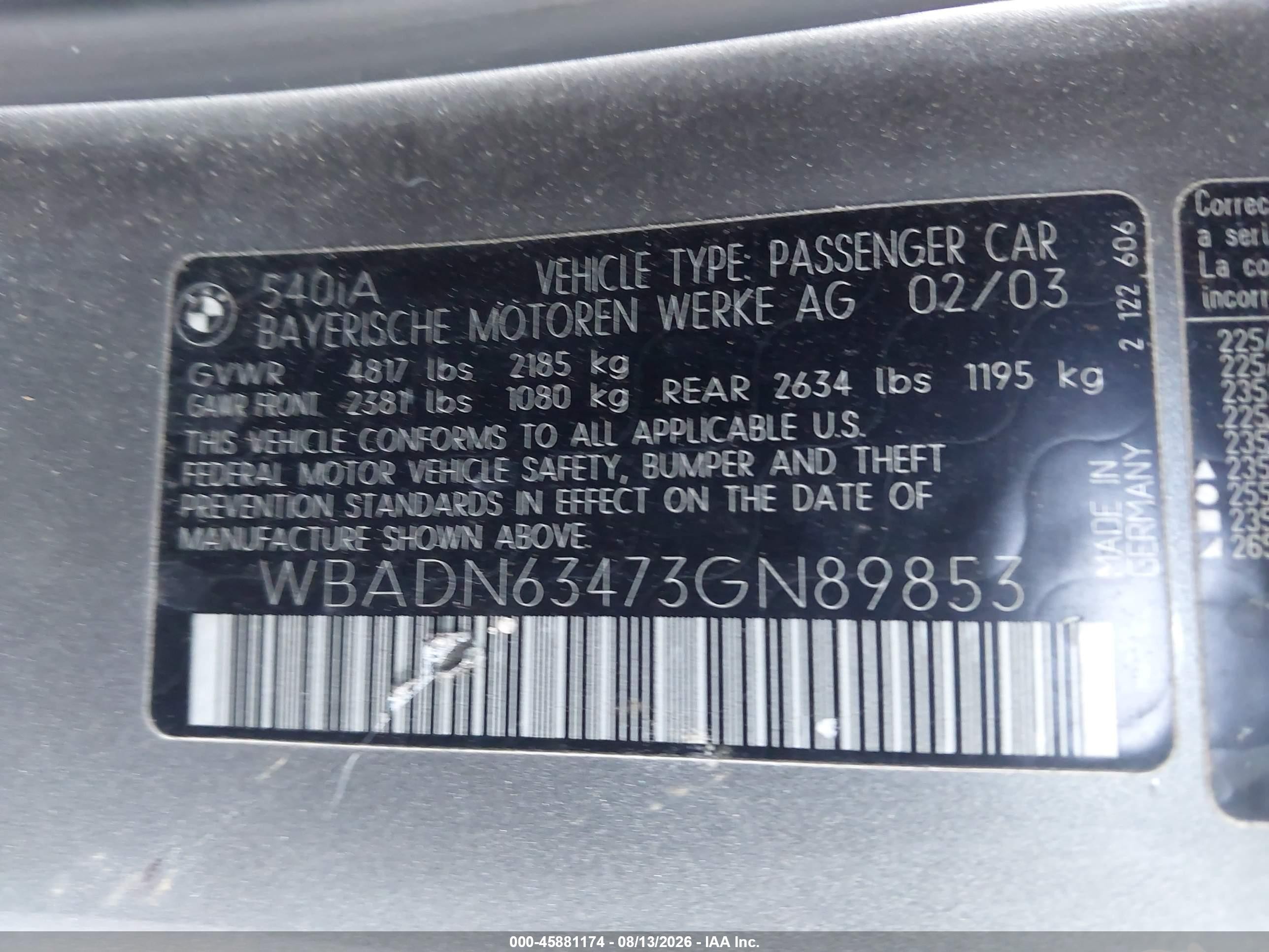 2003 Bmw 540ia Gray vin: WBADN63473GN89853